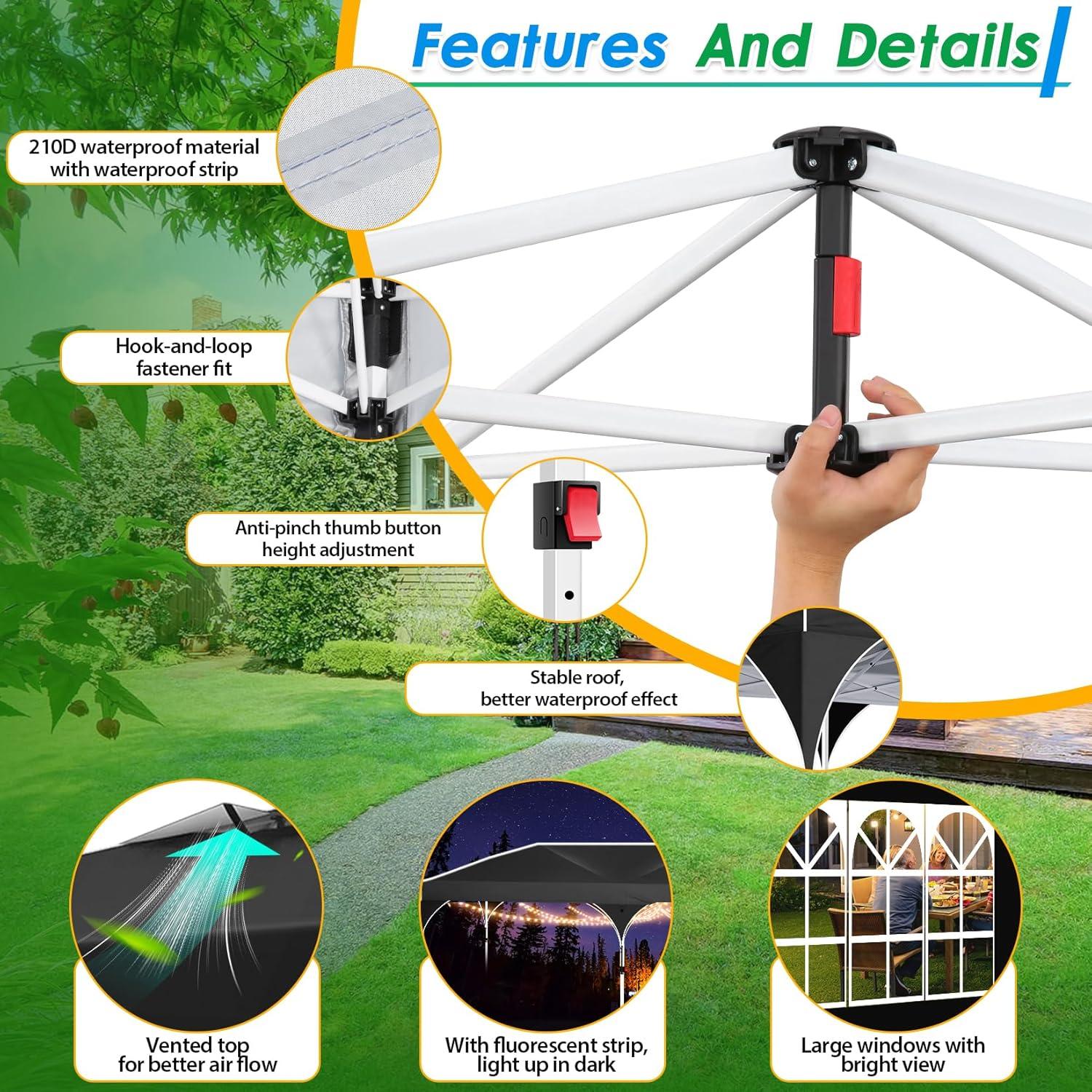 image:imageCOBIZI 10x20 Pop up Canopy Tent with 4 Sidewalls Outdoor Canopy Tent for Party with Push Center Lock amp Air Vent 2000mmWaterproof Gazebo Canopy UPF 50with 4 Sandbags12 Stakes amp 6 RopesBlackBlack