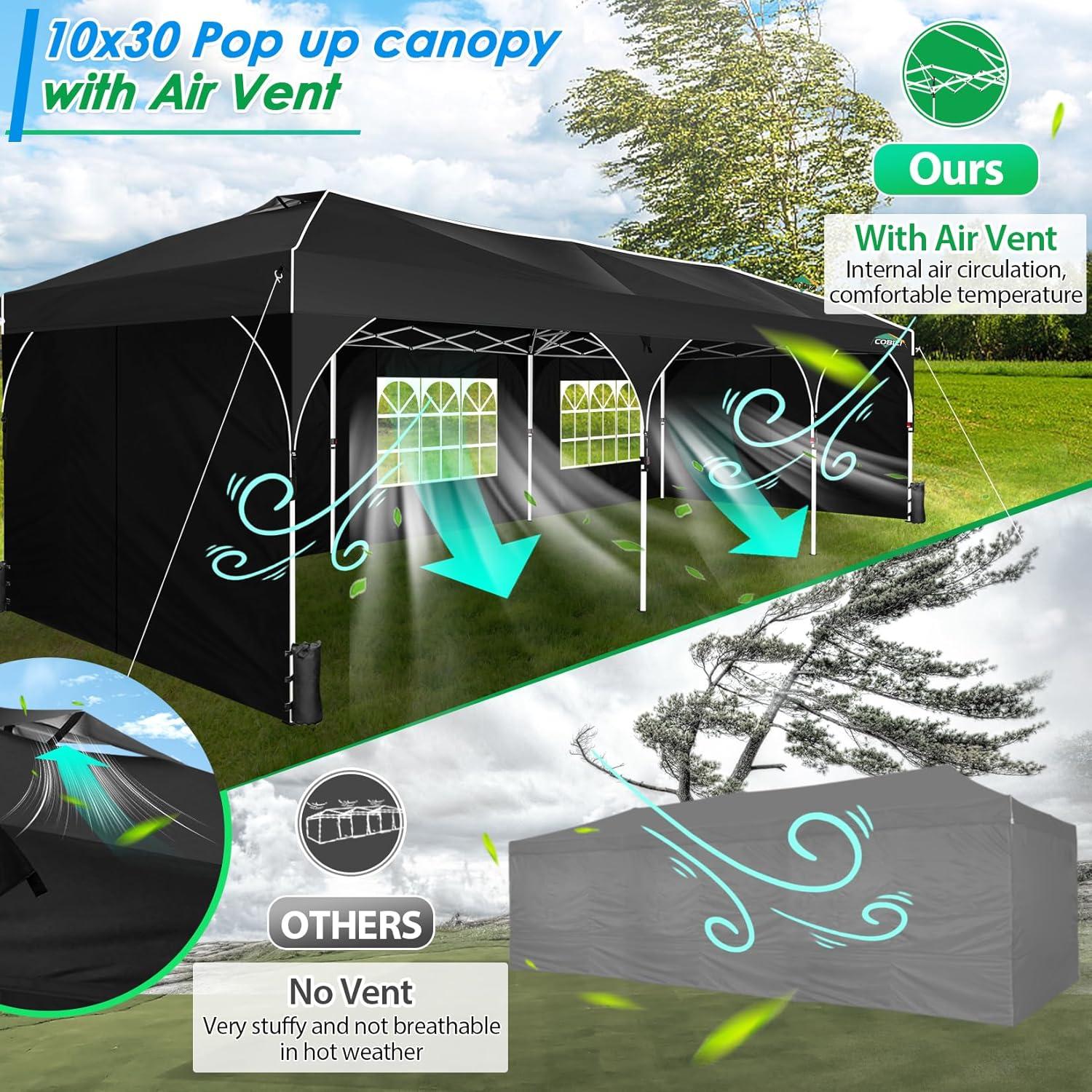 image:imageCOBIZI 10x20 Pop up Canopy Tent with 4 Sidewalls Outdoor Canopy Tent for Party with Push Center Lock amp Air Vent 2000mmWaterproof Gazebo Canopy UPF 50with 4 Sandbags12 Stakes amp 6 RopesBlackBlack
