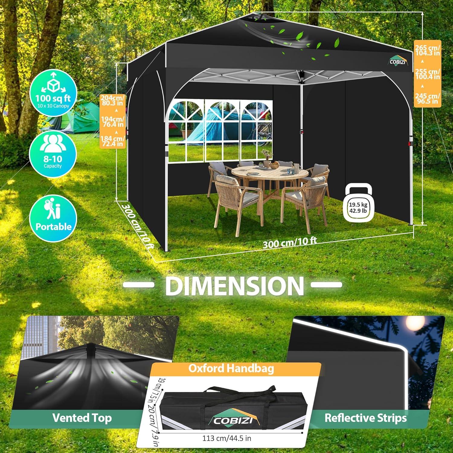 image:imageCOBIZI 10x20 Pop up Canopy Tent with 4 Sidewalls Outdoor Canopy Tent for Party with Push Center Lock amp Air Vent 2000mmWaterproof Gazebo Canopy UPF 50with 4 Sandbags12 Stakes amp 6 RopesBlackBlack