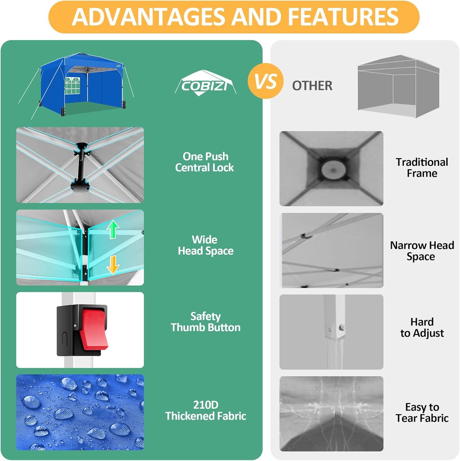 image:imageCOBIZI 10x20 Pop up Canopy Tent with 4 Sidewalls Outdoor Canopy Tent for Party with Push Center Lock amp Air Vent 2000mmWaterproof Gazebo Canopy UPF 50with 4 Sandbags12 Stakes amp 6 RopesBlackBlue