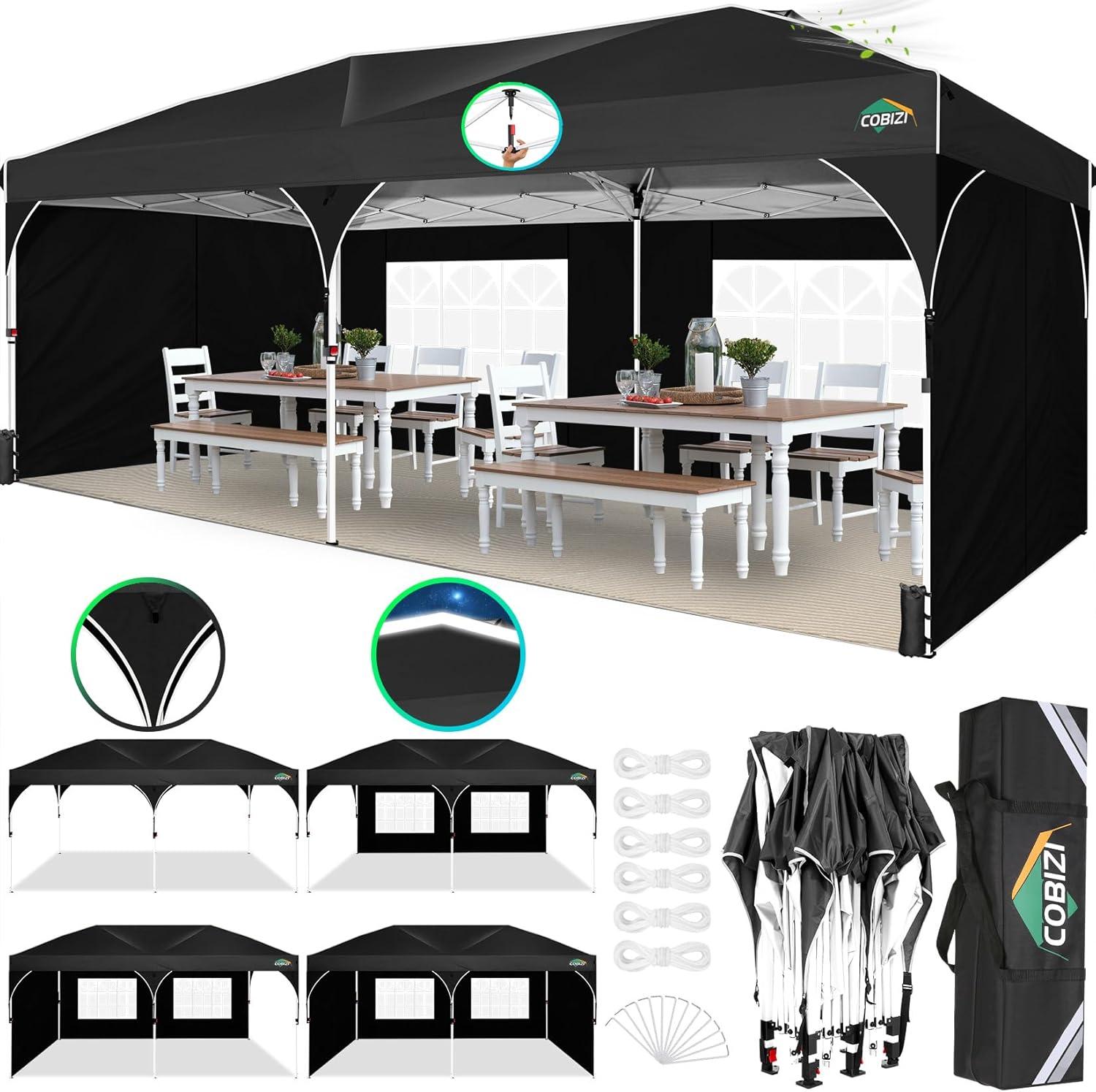 image:imageCOBIZI 10x20 Pop up Canopy Tent with 4 Sidewalls Outdoor Canopy Tent for Party with Push Center Lock amp Air Vent 2000mmWaterproof Gazebo Canopy UPF 50with 4 Sandbags12 Stakes amp 6 RopesBlackBlack