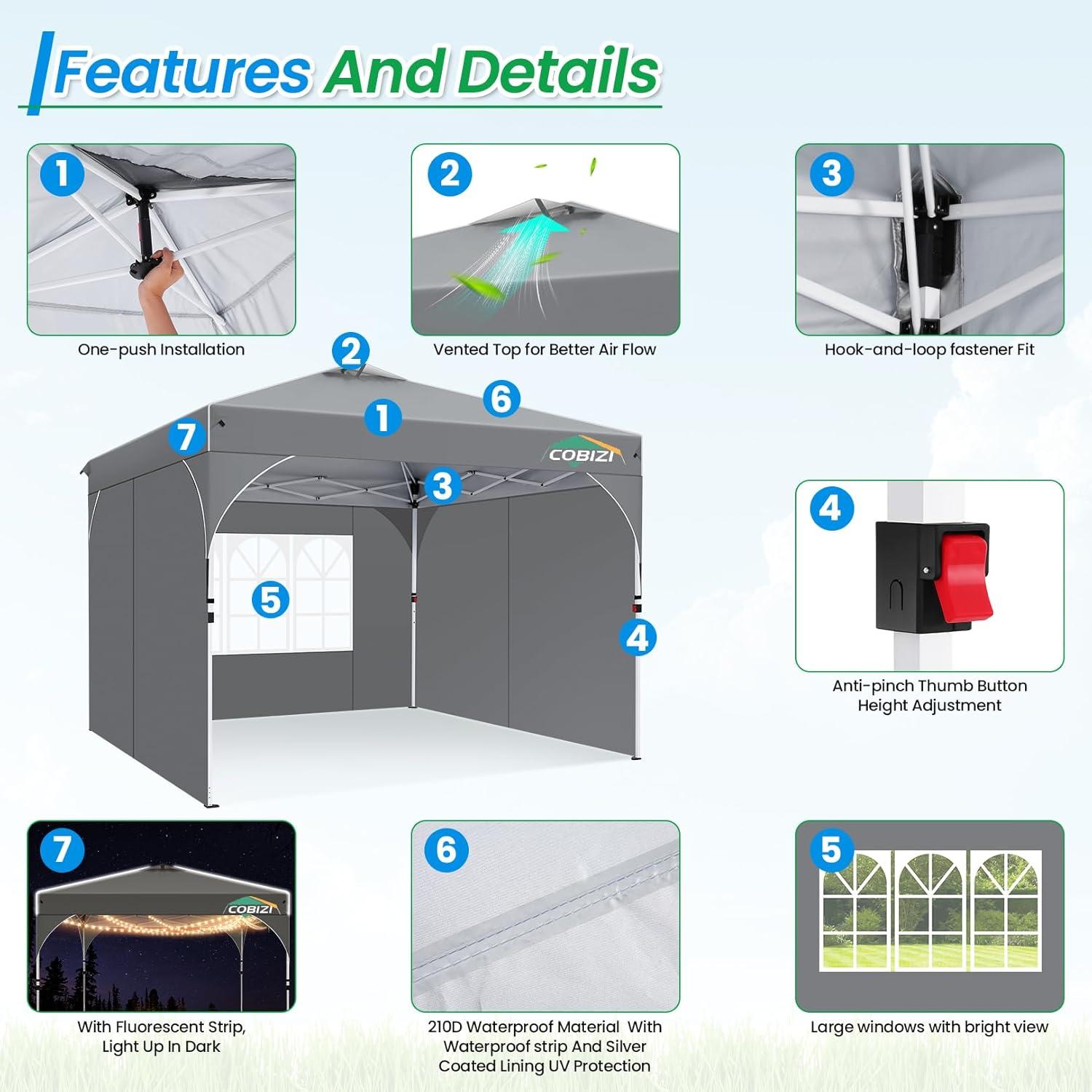 image:imageCOBIZI 10x20 Pop up Canopy Tent with 4 Sidewalls Outdoor Canopy Tent for Party with Push Center Lock amp Air Vent 2000mmWaterproof Gazebo Canopy UPF 50with 4 Sandbags12 Stakes amp 6 RopesBlackGray