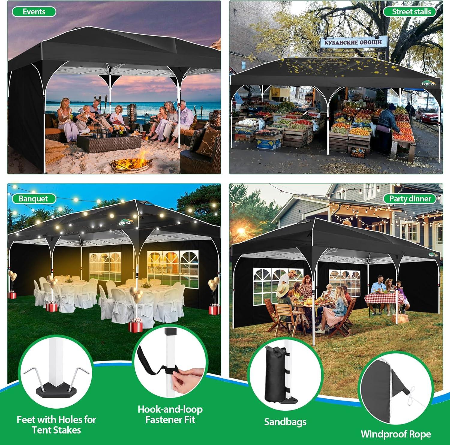 image:imageCOBIZI 10x20 Pop up Canopy Tent with 4 Sidewalls Outdoor Canopy Tent for Party with Push Center Lock amp Air Vent 2000mmWaterproof Gazebo Canopy UPF 50with 4 Sandbags12 Stakes amp 6 RopesBlackBlack