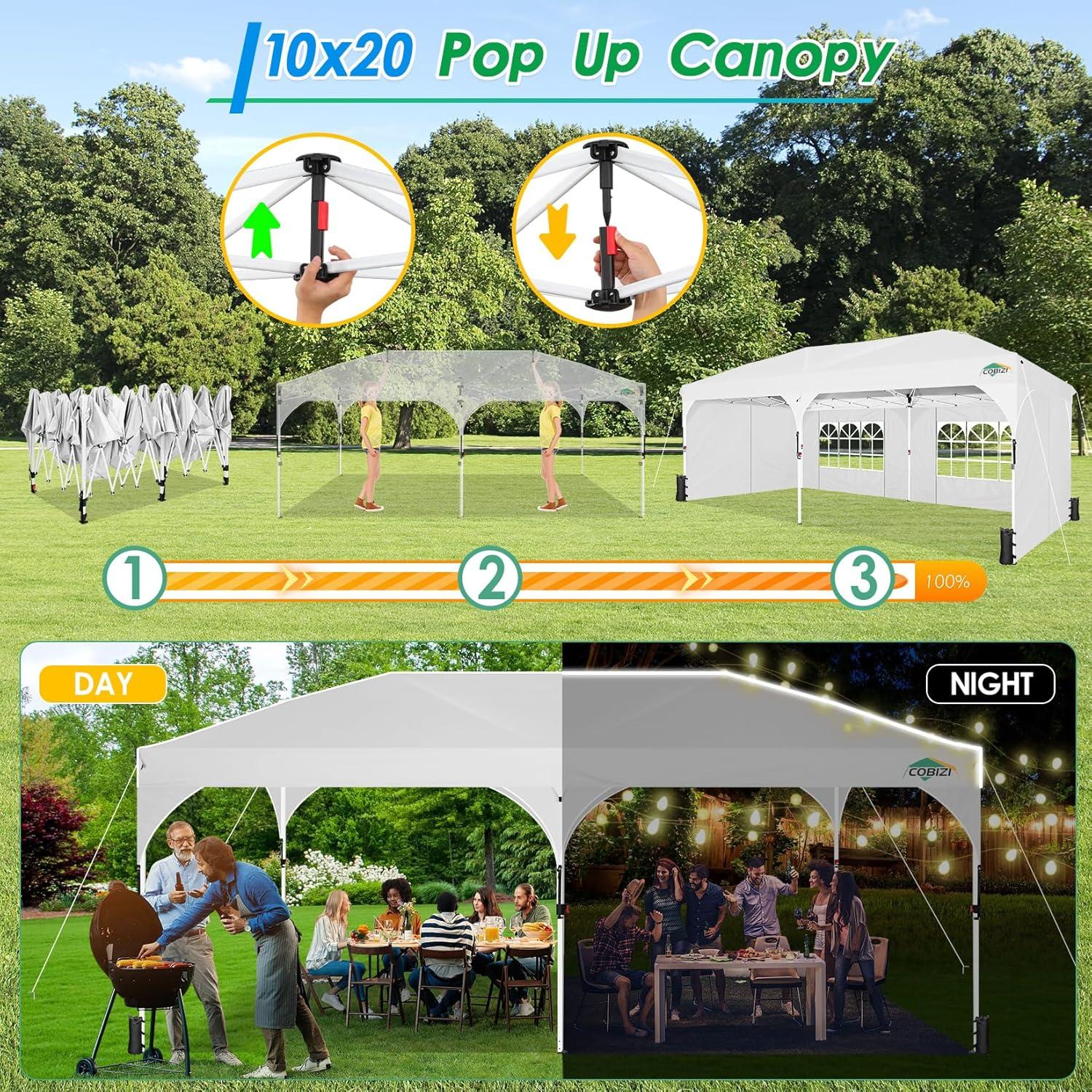 image:imageCOBIZI 10x20 Pop up Canopy Tent with 4 Sidewalls Outdoor Canopy Tent for Party with Push Center Lock amp Air Vent 2000mmWaterproof Gazebo Canopy UPF 50with 4 Sandbags12 Stakes amp 6 RopesBlackWhite