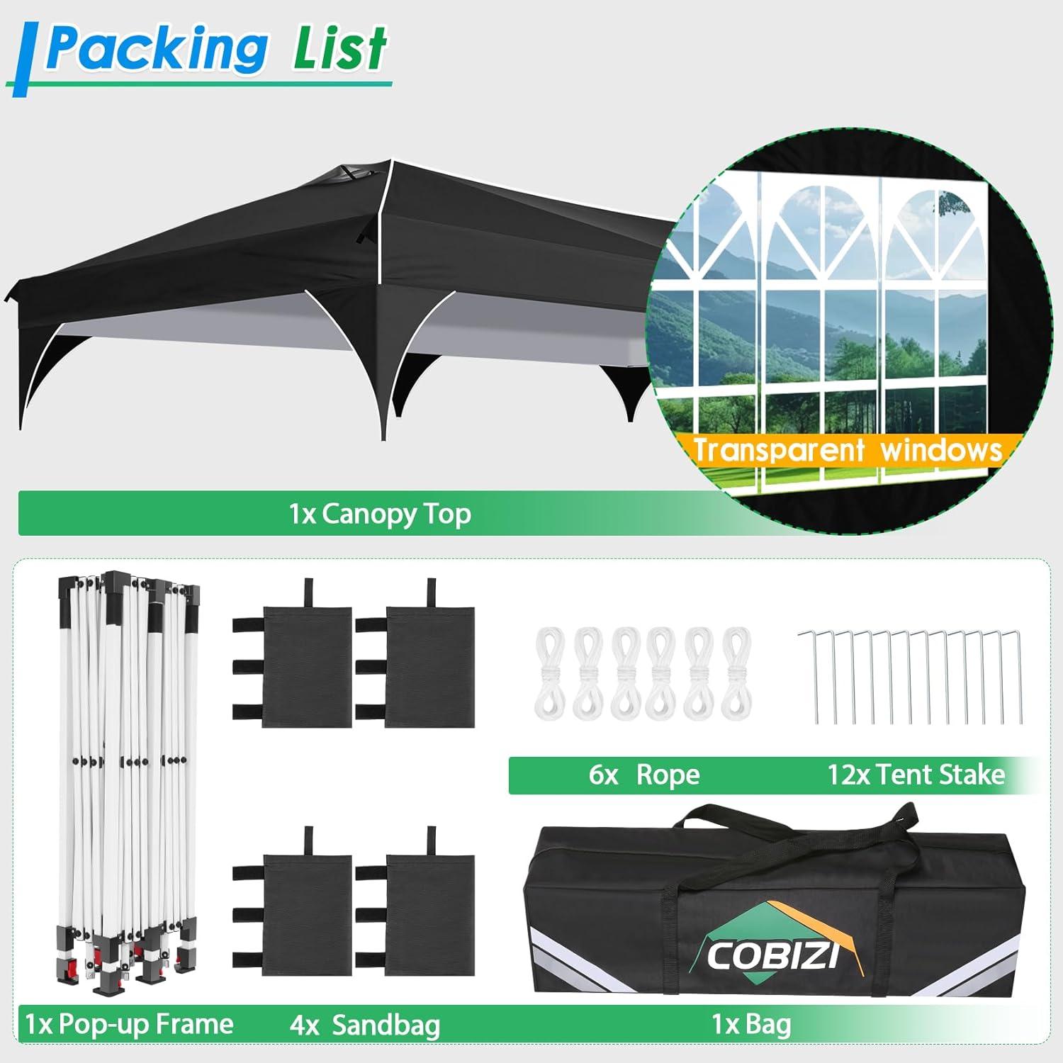 image:imageCOBIZI 10x20 Pop up Canopy Tent with 4 Sidewalls Outdoor Canopy Tent for Party with Push Center Lock amp Air Vent 2000mmWaterproof Gazebo Canopy UPF 50with 4 Sandbags12 Stakes amp 6 RopesBlackBlack