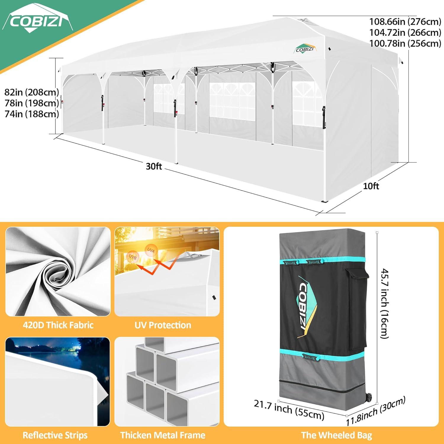 image:imageCOBIZI 10x20 Pop up Canopy Tent with 4 Sidewalls Outdoor Canopy Tent for Party with Push Center Lock amp Air Vent 2000mmWaterproof Gazebo Canopy UPF 50with 4 Sandbags12 Stakes amp 6 RopesBlackWhite