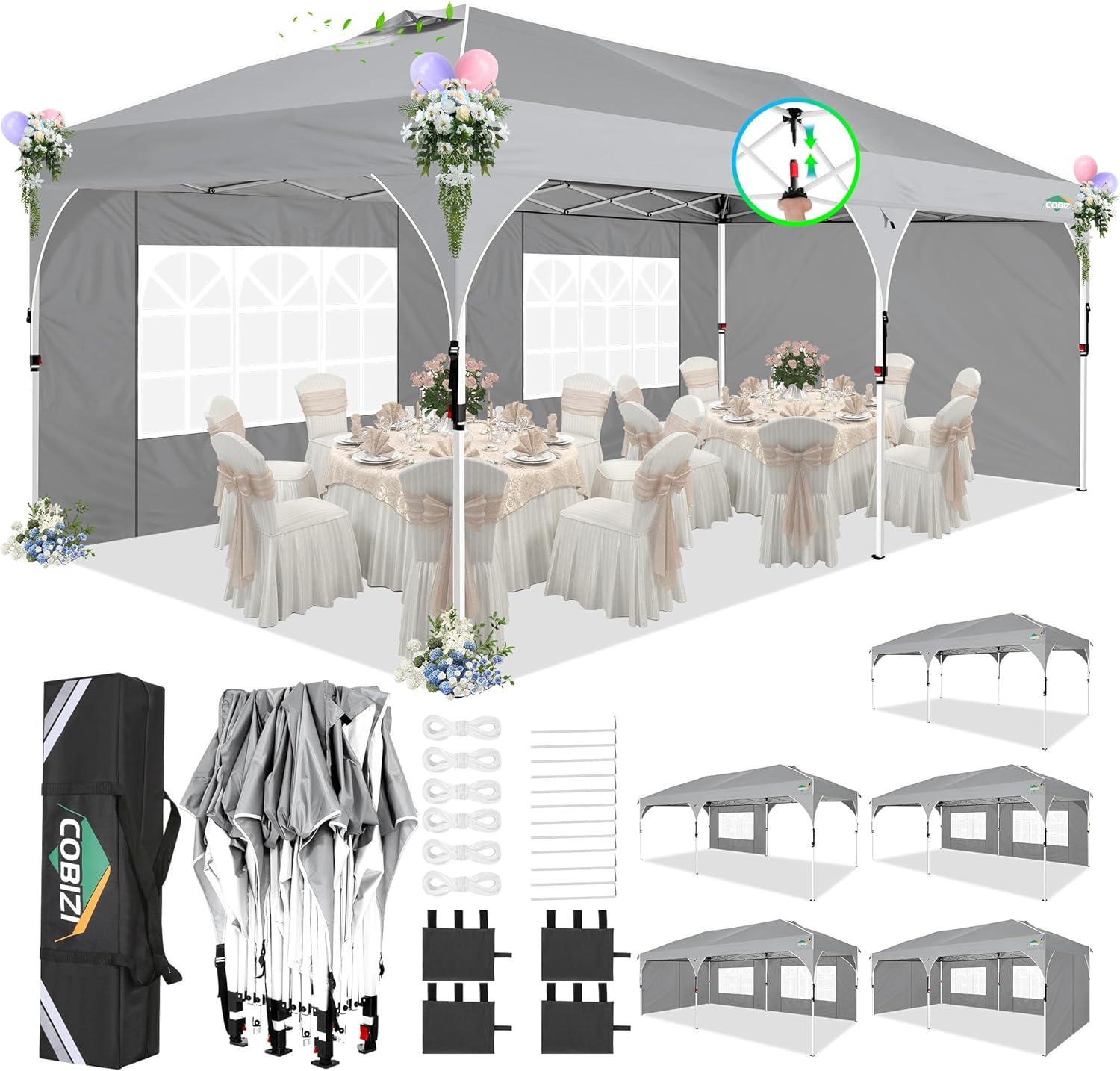 image:imageCOBIZI 10x20 Pop up Canopy Tent with 4 Sidewalls Outdoor Canopy Tent for Party with Push Center Lock amp Air Vent 2000mmWaterproof Gazebo Canopy UPF 50with 4 Sandbags12 Stakes amp 6 RopesBlackGray