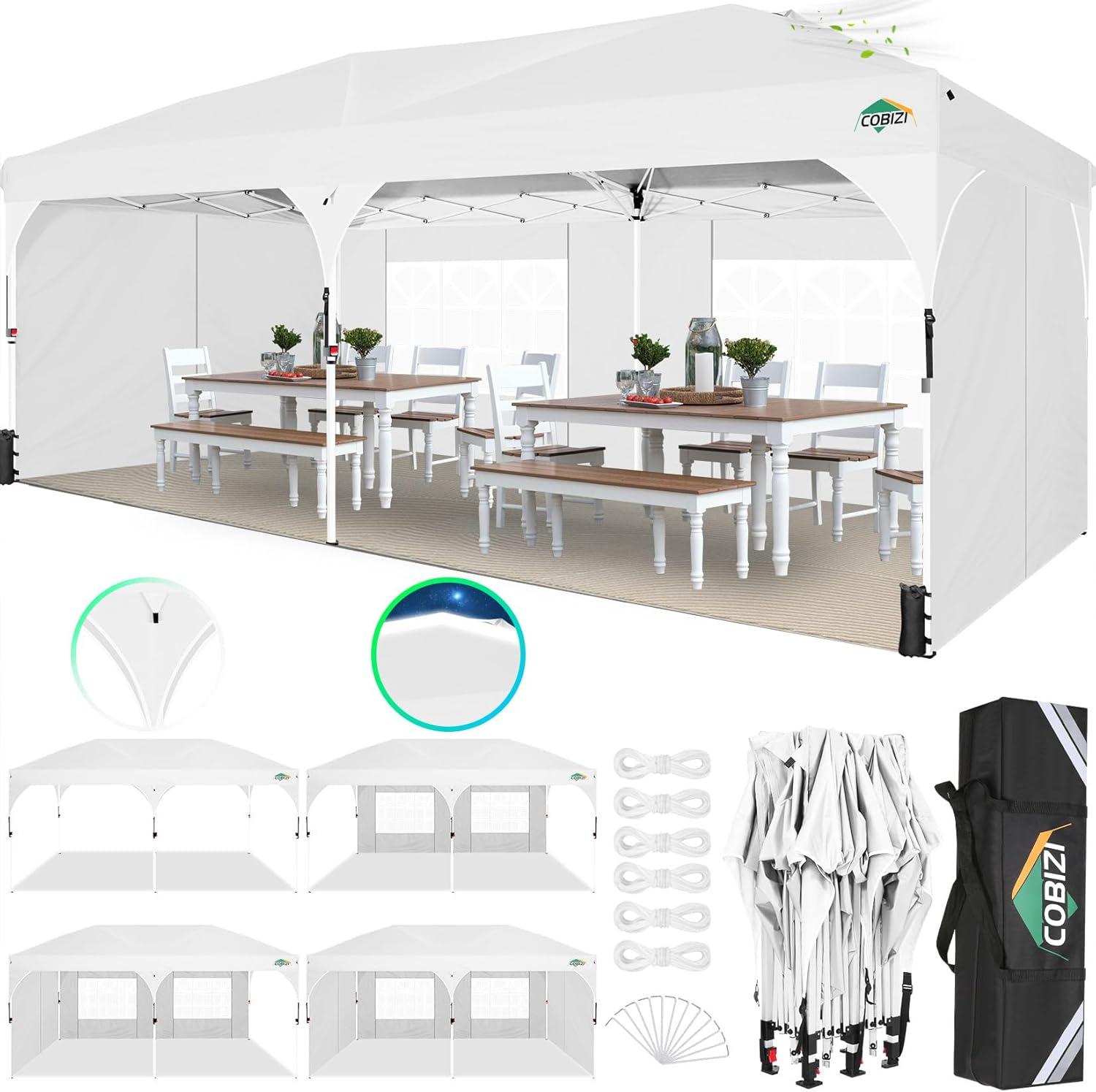 image:imageCOBIZI 10x20 Pop up Canopy Tent with 4 Sidewalls Outdoor Canopy Tent for Party with Push Center Lock amp Air Vent 2000mmWaterproof Gazebo Canopy UPF 50with 4 Sandbags12 Stakes amp 6 RopesBlackWhite