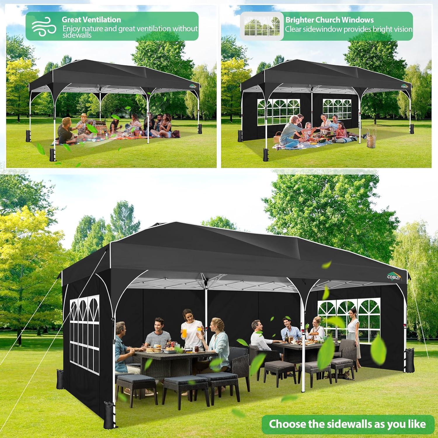 image:imageCOBIZI 10x20 Pop up Canopy Tent with 4 Sidewalls Outdoor Canopy Tent for Party with Push Center Lock amp Air Vent 2000mmWaterproof Gazebo Canopy UPF 50with 4 Sandbags12 Stakes amp 6 RopesBlackBlack