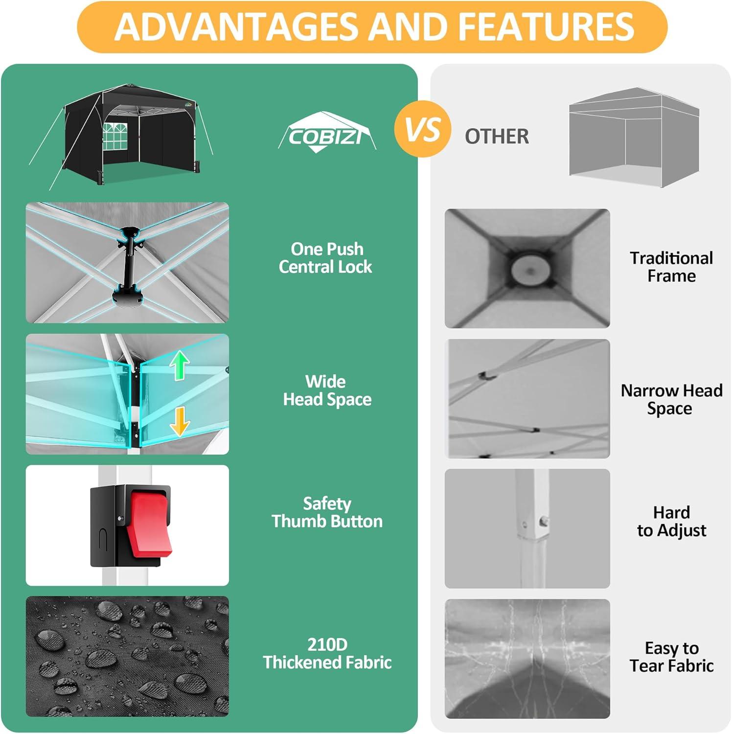 image:imageCOBIZI 10x20 Pop up Canopy Tent with 4 Sidewalls Outdoor Canopy Tent for Party with Push Center Lock amp Air Vent 2000mmWaterproof Gazebo Canopy UPF 50with 4 Sandbags12 Stakes amp 6 RopesBlackBlack