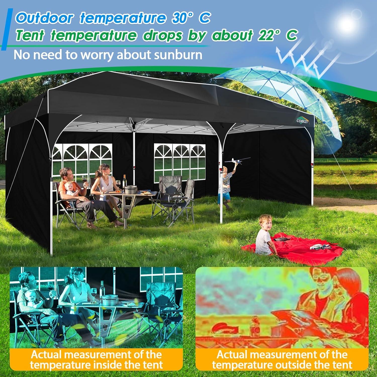 image:imageCOBIZI 10x20 Pop up Canopy Tent with 4 Sidewalls Outdoor Canopy Tent for Party with Push Center Lock amp Air Vent 2000mmWaterproof Gazebo Canopy UPF 50with 4 Sandbags12 Stakes amp 6 RopesBlackBlack
