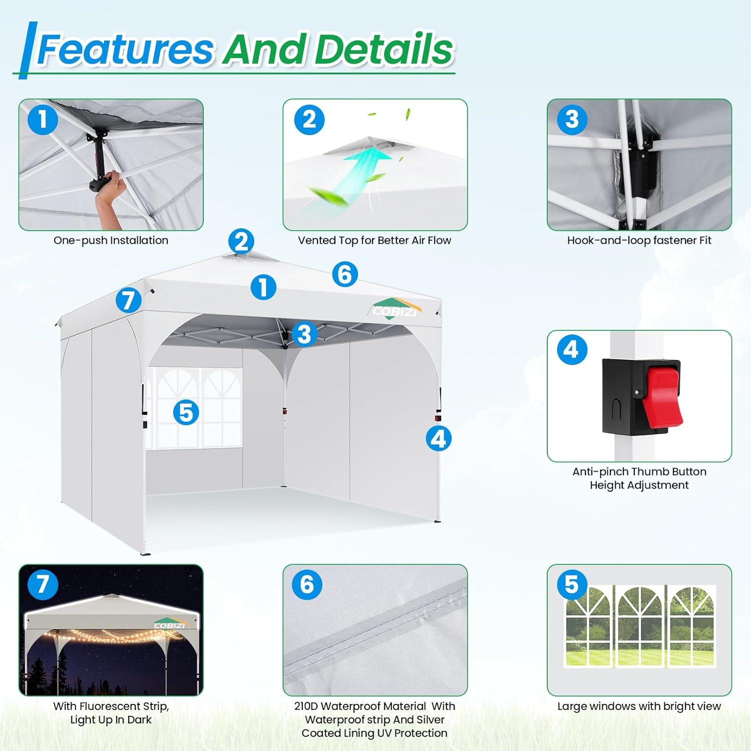 image:imageCOBIZI 10x20 Pop up Canopy Tent with 4 Sidewalls Outdoor Canopy Tent for Party with Push Center Lock amp Air Vent 2000mmWaterproof Gazebo Canopy UPF 50with 4 Sandbags12 Stakes amp 6 RopesBlackWhite