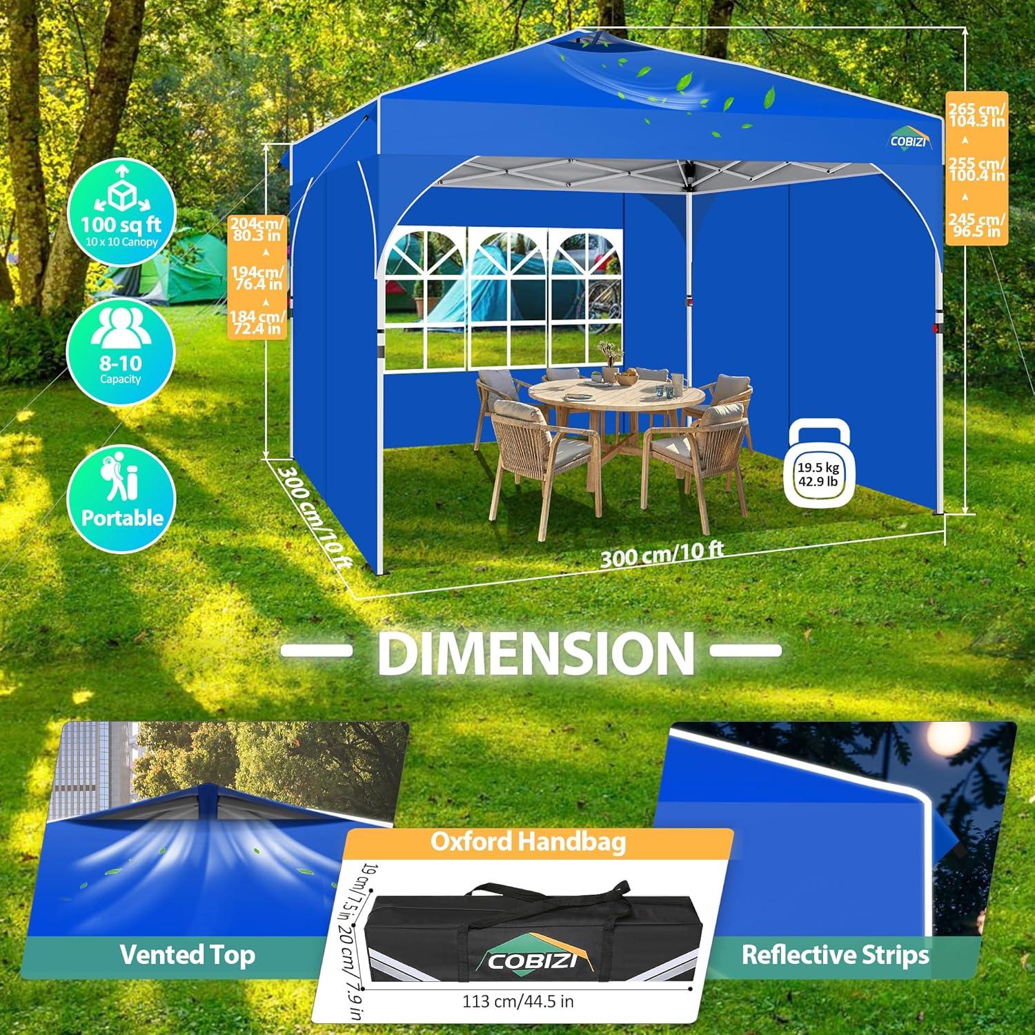 image:imageCOBIZI 10x20 Pop up Canopy Tent with 4 Sidewalls Outdoor Canopy Tent for Party with Push Center Lock amp Air Vent 2000mmWaterproof Gazebo Canopy UPF 50with 4 Sandbags12 Stakes amp 6 RopesBlackBlue