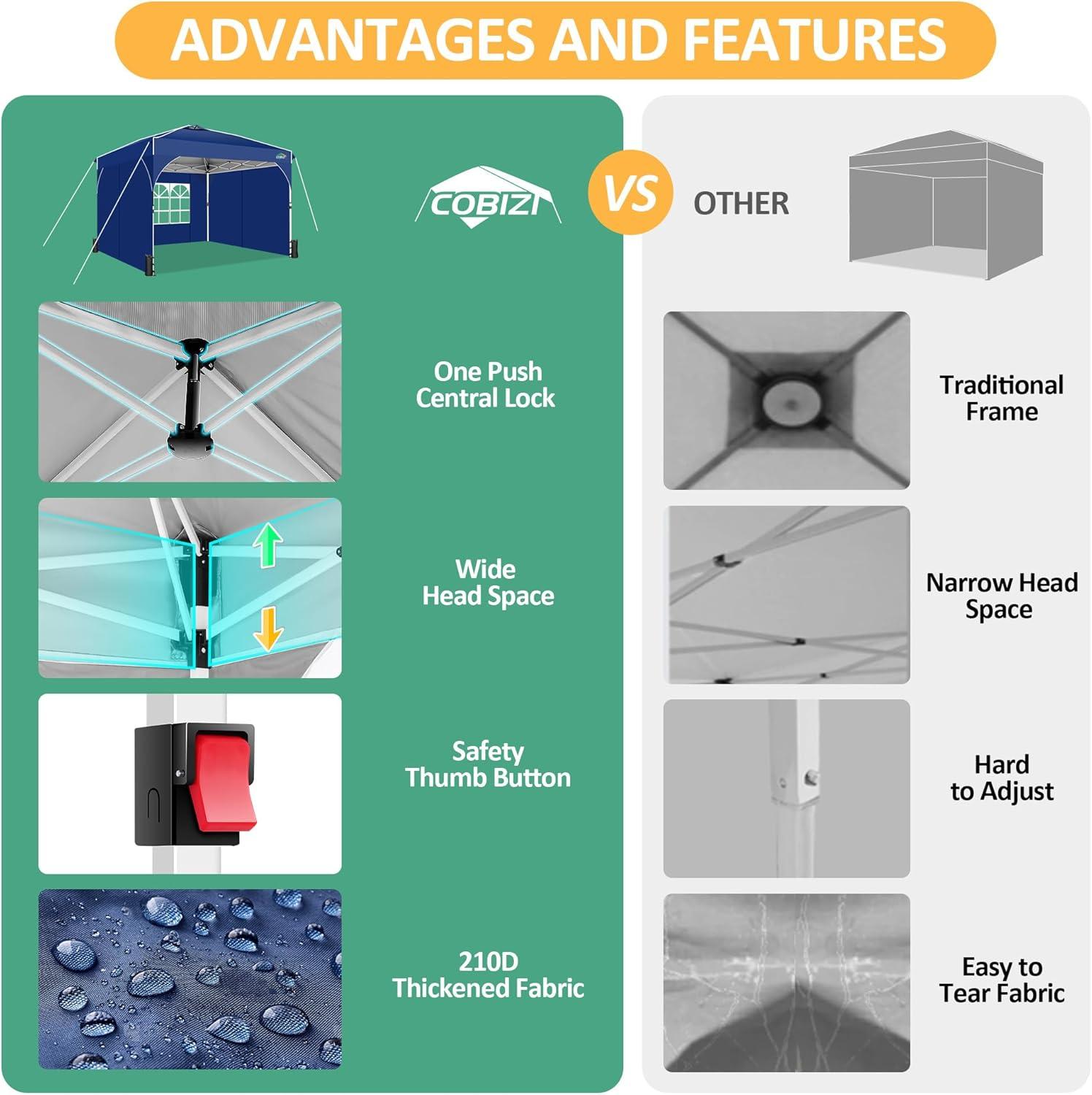 image:imageCOBIZI 10x20 Pop up Canopy Tent with 4 Sidewalls Outdoor Canopy Tent for Party with Push Center Lock amp Air Vent 2000mmWaterproof Gazebo Canopy UPF 50with 4 Sandbags12 Stakes amp 6 RopesBlackDark Blue