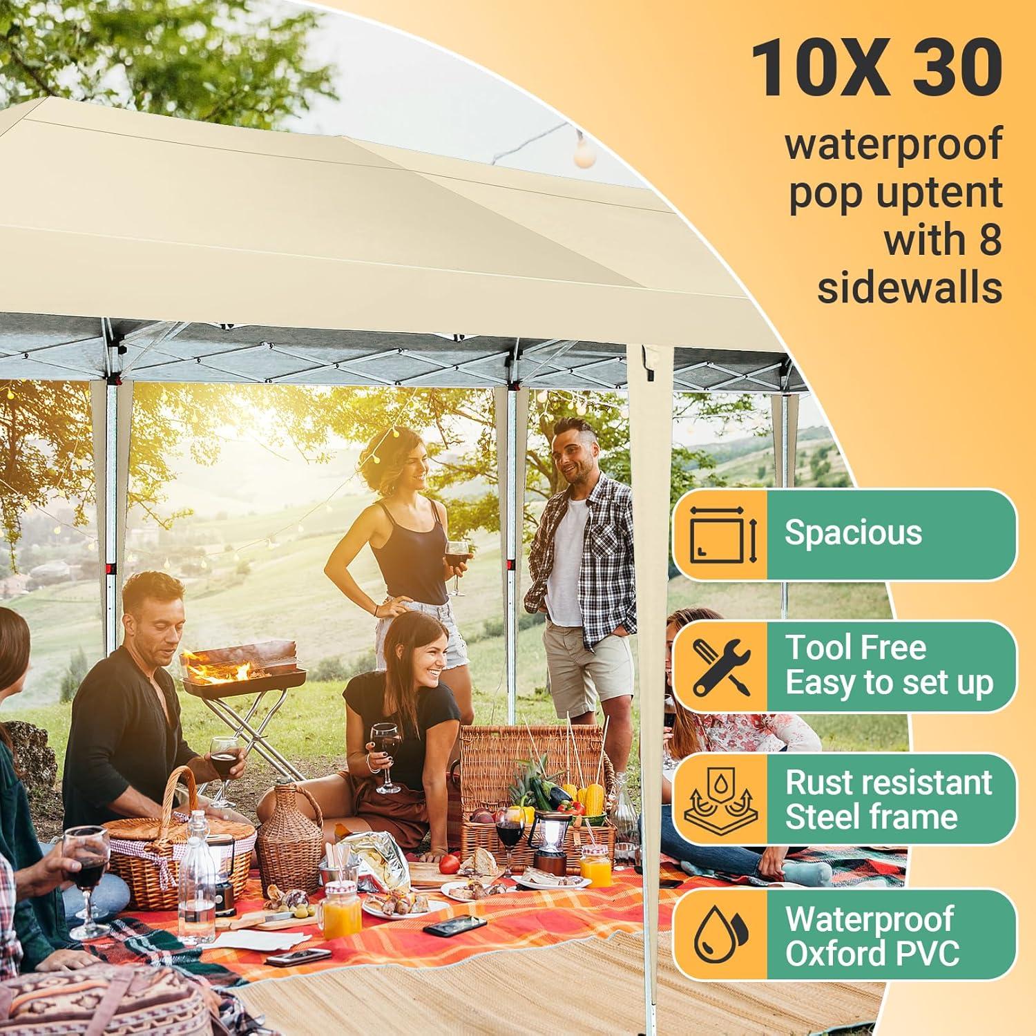 image:imageCOBIZI 10x30 Canopy Party Tent with 8 Walls 10x30 Pop Up Tent for Parties Waterproof UPF 50 Outdoor Commercial Event for Party Backyard Gazebo Canopy with Sidewalls amp SandbagsKhaki10x30ft