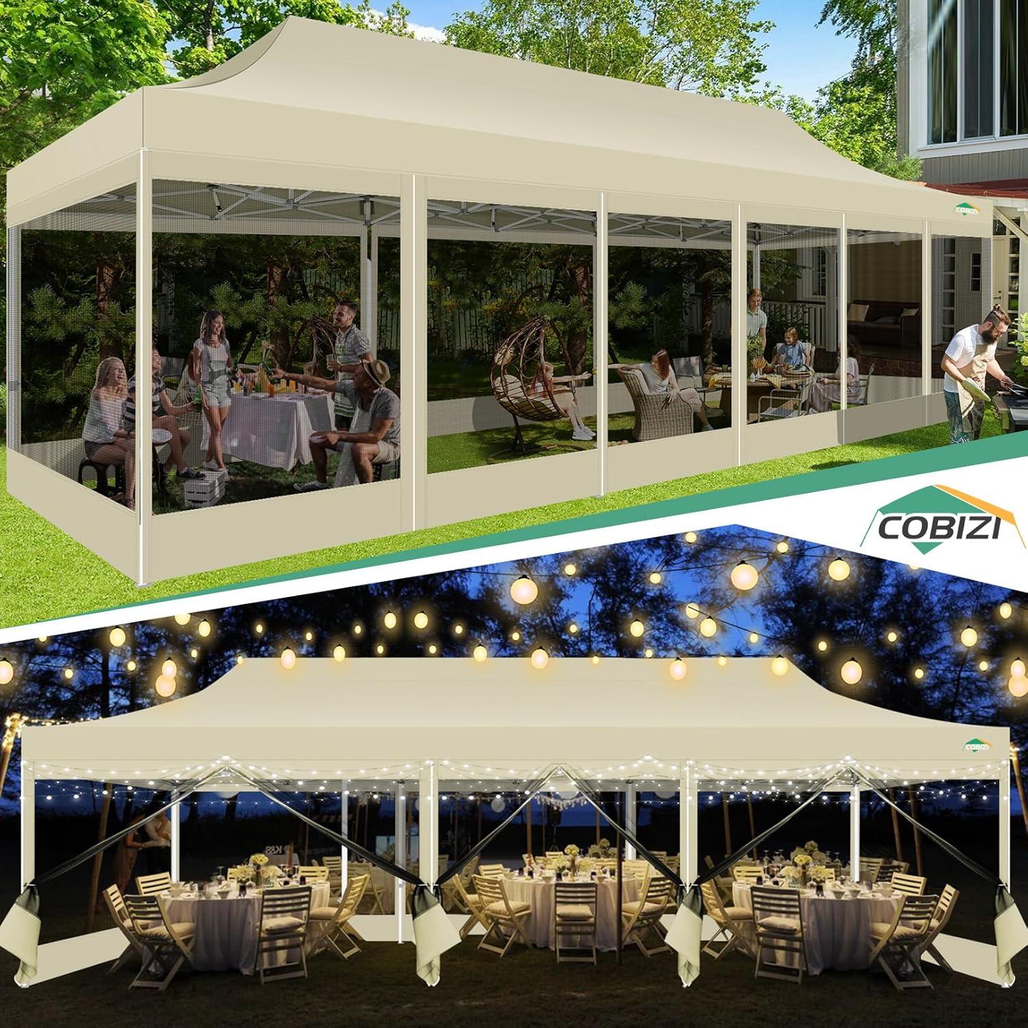 image:imageCOBIZI 10x30 Canopy Tent with 8 SidewallsHeavy Duty Pop up Canopy Party Tent with Mosquito NettingEasy up Screen Canopy for Parties Wedding Outdoor Patio with Roller BagSandbagBlackKhaki