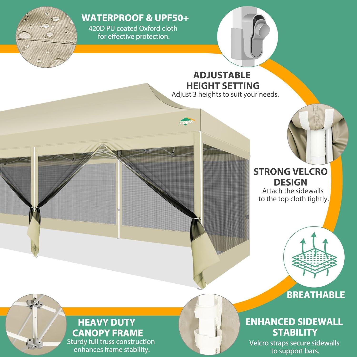 image:imageCOBIZI 10x30 Canopy Tent with 8 SidewallsHeavy Duty Pop up Canopy Party Tent with Mosquito NettingEasy up Screen Canopy for Parties Wedding Outdoor Patio with Roller BagSandbagBlackKhaki