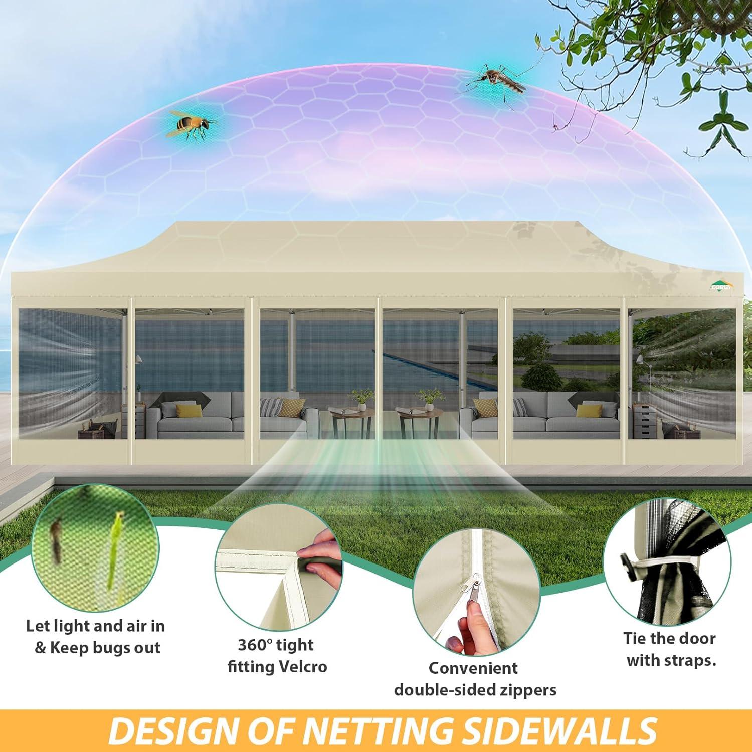 image:imageCOBIZI 10x30 Canopy Tent with 8 SidewallsHeavy Duty Pop up Canopy Party Tent with Mosquito NettingEasy up Screen Canopy for Parties Wedding Outdoor Patio with Roller BagSandbagBlackKhaki