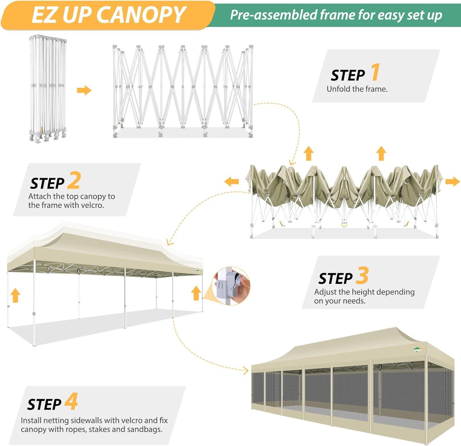image:imageCOBIZI 10x30 Canopy Tent with 8 SidewallsHeavy Duty Pop up Canopy Party Tent with Mosquito NettingEasy up Screen Canopy for Parties Wedding Outdoor Patio with Roller BagSandbagBlackKhaki