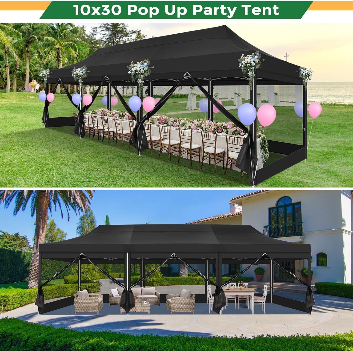 image:imageCOBIZI 10x30 Heavy Duty Pop Up Canopy Tent with 8 Sidewalls Easy Set Up Outdoor Waterproof Screen Commercial Party Tent with Mosquito Netting for Parties Backyard Patio Roller Bag Black