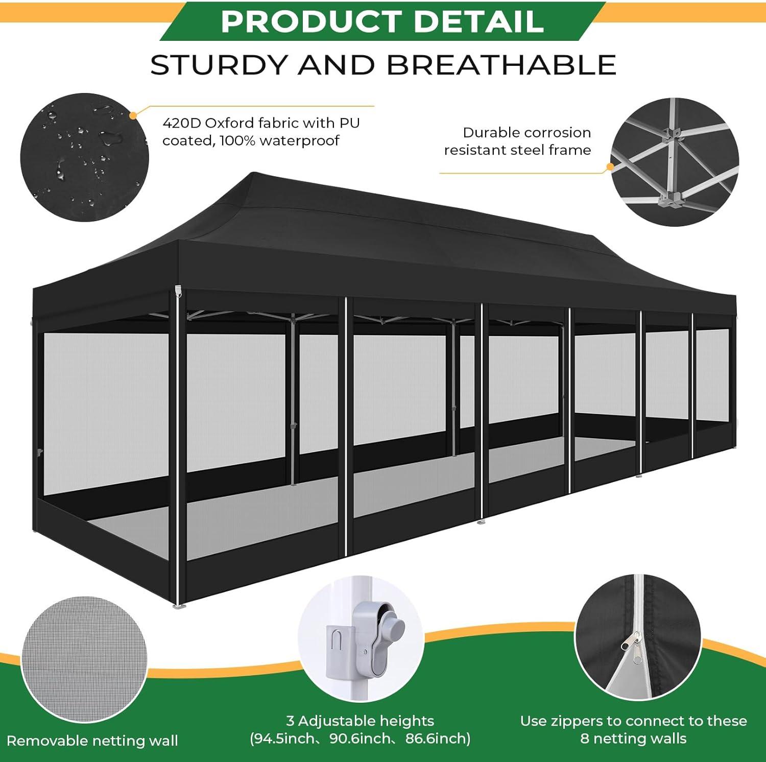 image:imageCOBIZI 10x30 Heavy Duty Pop Up Canopy Tent with 8 Sidewalls Easy Set Up Outdoor Waterproof Screen Commercial Party Tent with Mosquito Netting for Parties Backyard Patio Roller Bag Black