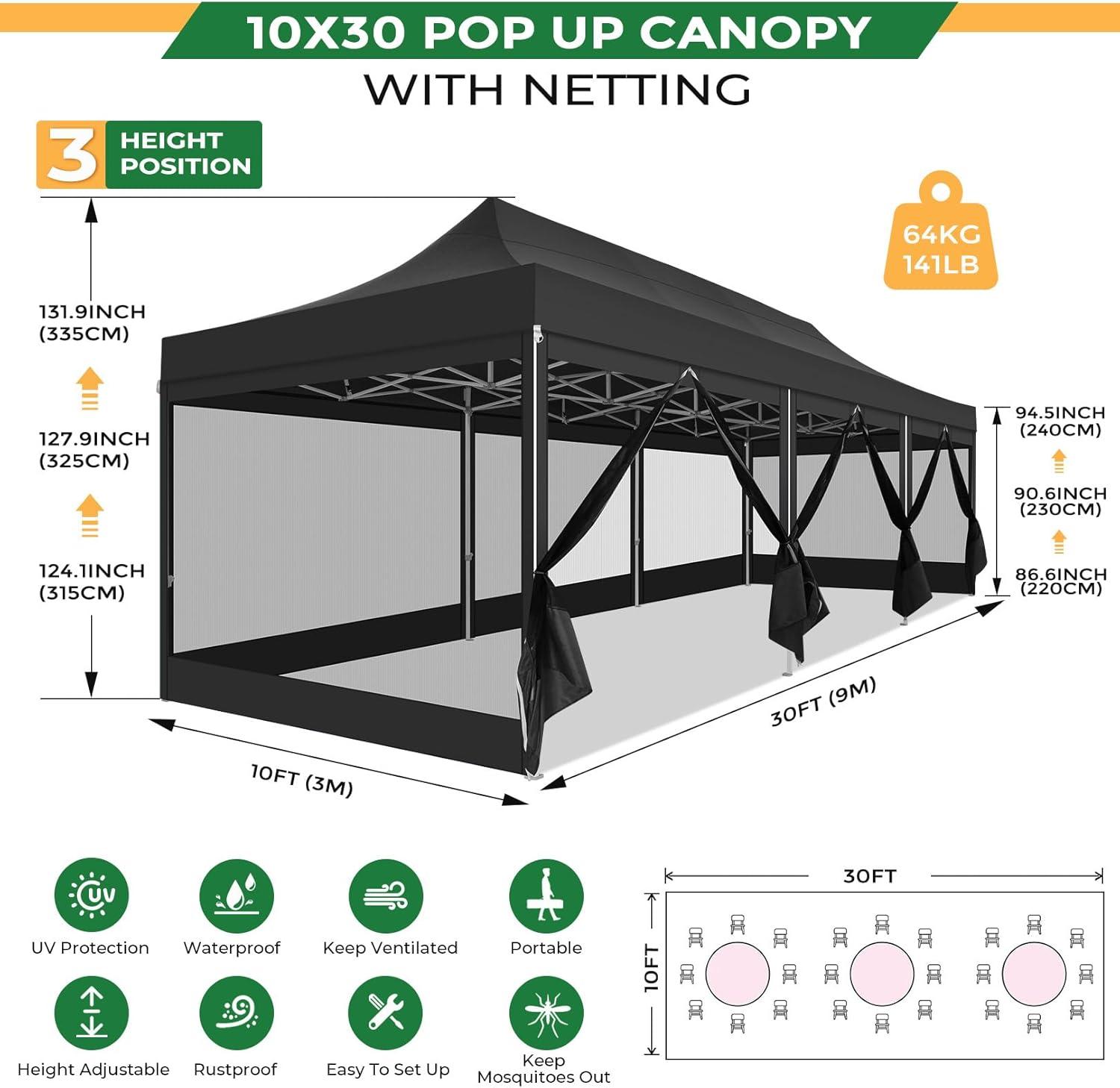 image:imageCOBIZI 10x30 Heavy Duty Pop Up Canopy Tent with 8 Sidewalls Easy Set Up Outdoor Waterproof Screen Commercial Party Tent with Mosquito Netting for Parties Backyard Patio Roller Bag Black