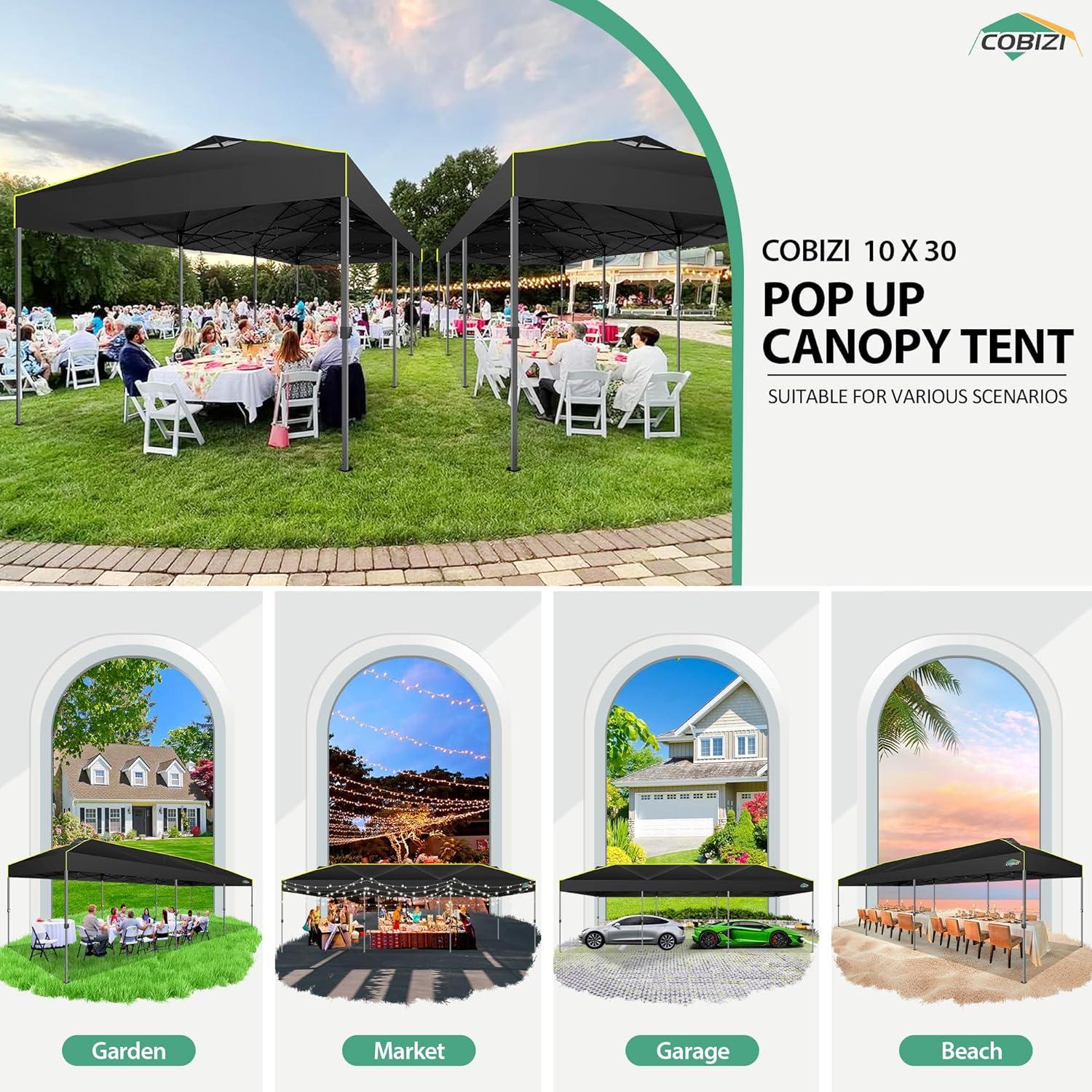 image:imageCOBIZI 10x30 Pop Up Canopy Tent with Air Vent EZ Pop Up Party 10x30 Canopy Tent Waterproof and UPF50Outdoor Canopy Tent for Parties Wedding Eventswith Roller Bag SandbagsBlack