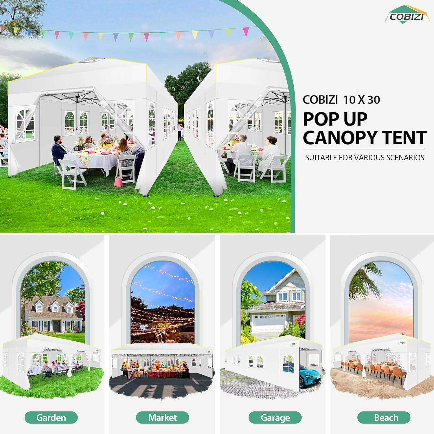 image:imageCOBIZI 10x30 Pop Up Canopy Tent with Sidewalls Windproof Waterproof Gazebo for Parties Weddings amp Events UPF 50 Sun Protection Wheeled Bag Sandbag Stake Rope White