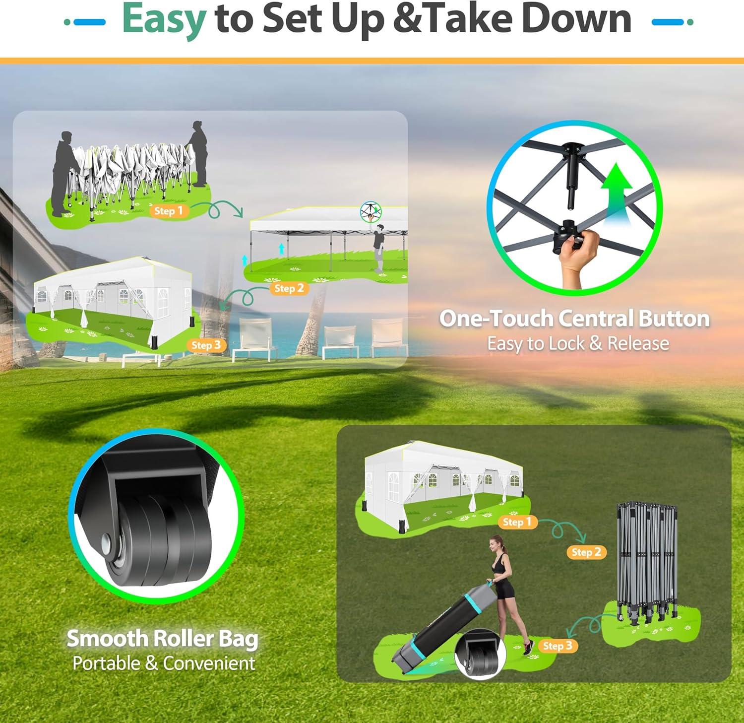 image:imageCOBIZI 10x30 Pop Up Canopy Tent with Sidewalls Windproof Waterproof Gazebo for Parties Weddings amp Events UPF 50 Sun Protection Wheeled Bag Sandbag Stake Rope White