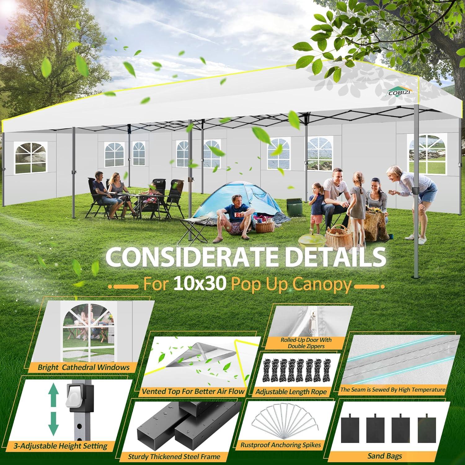 image:imageCOBIZI 10x30 Pop Up Canopy Tent with Sidewalls Windproof Waterproof Gazebo for Parties Weddings amp Events UPF 50 Sun Protection Wheeled Bag Sandbag Stake Rope White