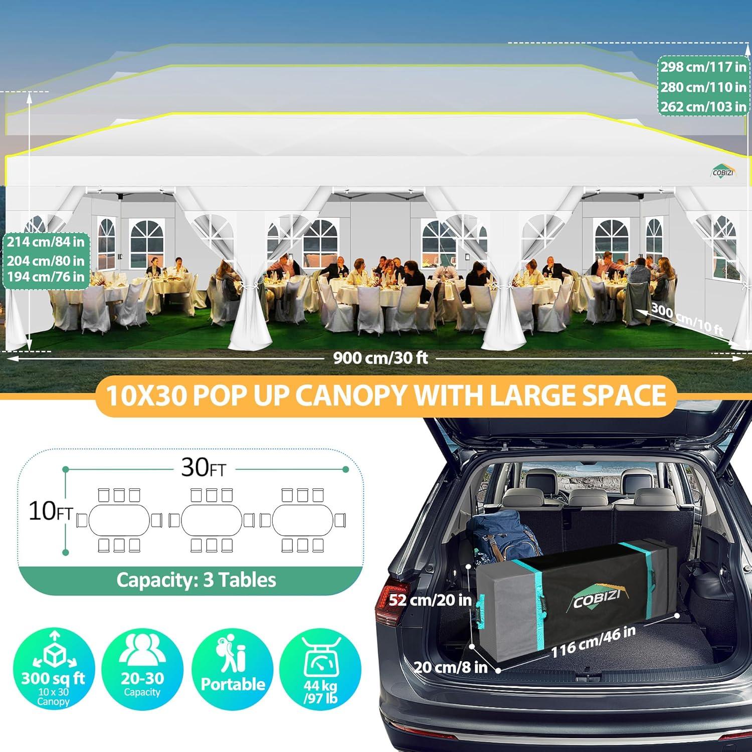 image:imageCOBIZI 10x30 Pop Up Canopy Tent with Sidewalls Windproof Waterproof Gazebo for Parties Weddings amp Events UPF 50 Sun Protection Wheeled Bag Sandbag Stake Rope White