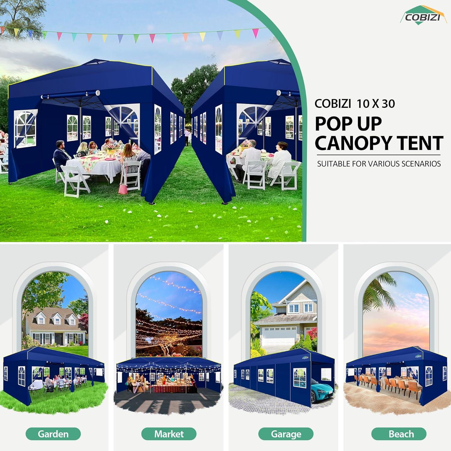 image:imageCOBIZI 10x30 Pop Up Canopy Tent with Sidewalls 10x30 Party Tent Outdoor Wedding Event Tent for Parties UPF 50 Windproof Waterproof Gazebo with Air Vent Wheeled Bag Sandbag Stake RopeNavy Blue