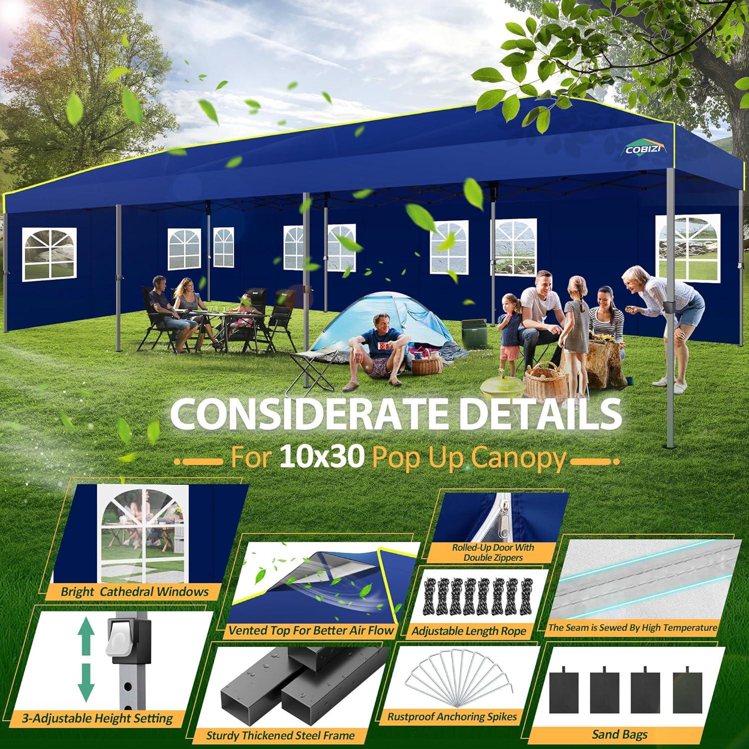 image:imageCOBIZI 10x30 Pop Up Canopy Tent with Sidewalls 10x30 Party Tent Outdoor Wedding Event Tent for Parties UPF 50 Windproof Waterproof Gazebo with Air Vent Wheeled Bag Sandbag Stake RopeNavy Blue