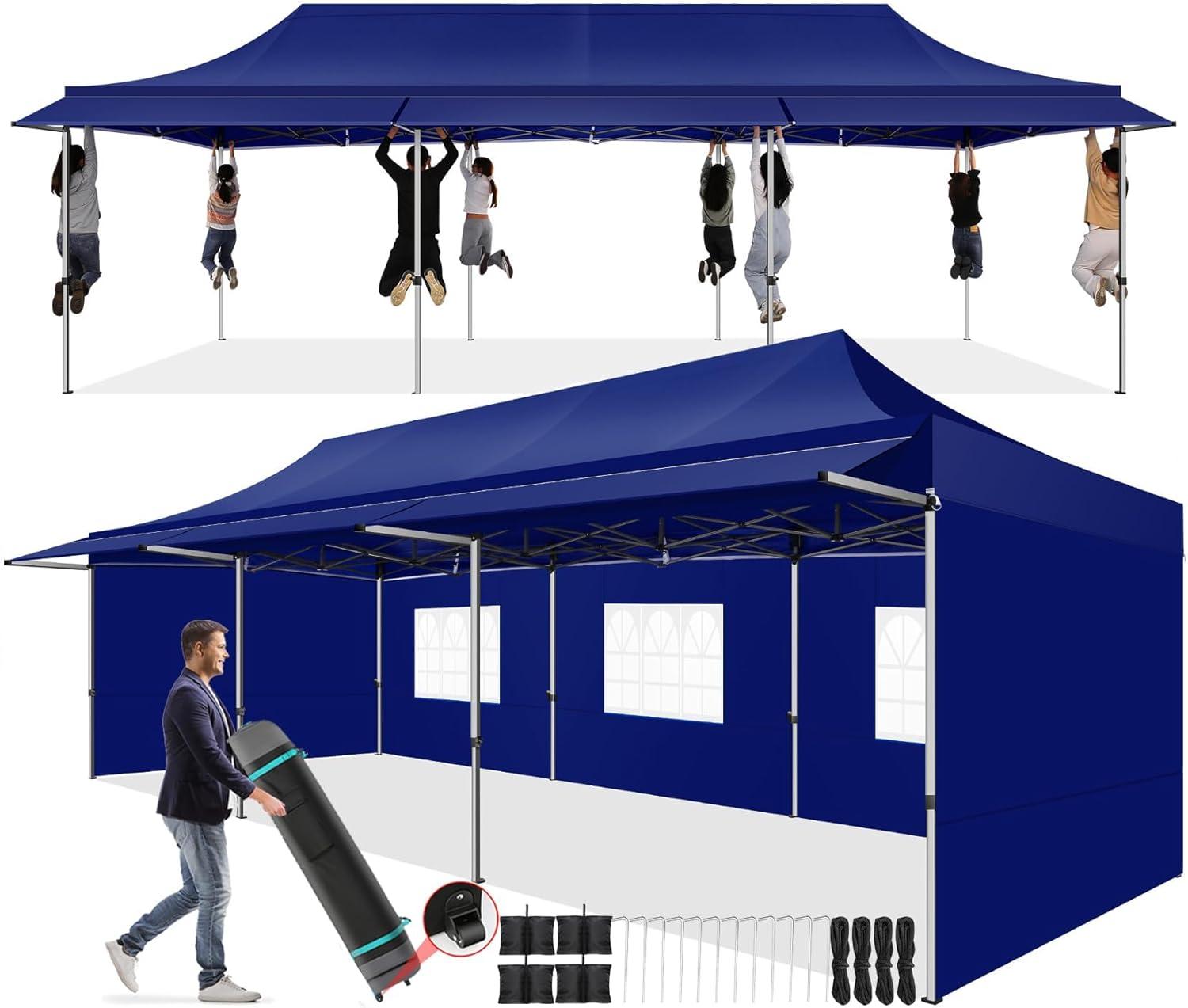 image:imageCOBIZI 10x30 Pop Up Canopy Tent with Sidewalls Heavy Duty 10x30 Party Tent Easy up Canopy UPF 50 Waterproof Commercial Outdoor Backyard Vendors Tents Gazebo with Roller Bag 10 x 30 ftDark Blue