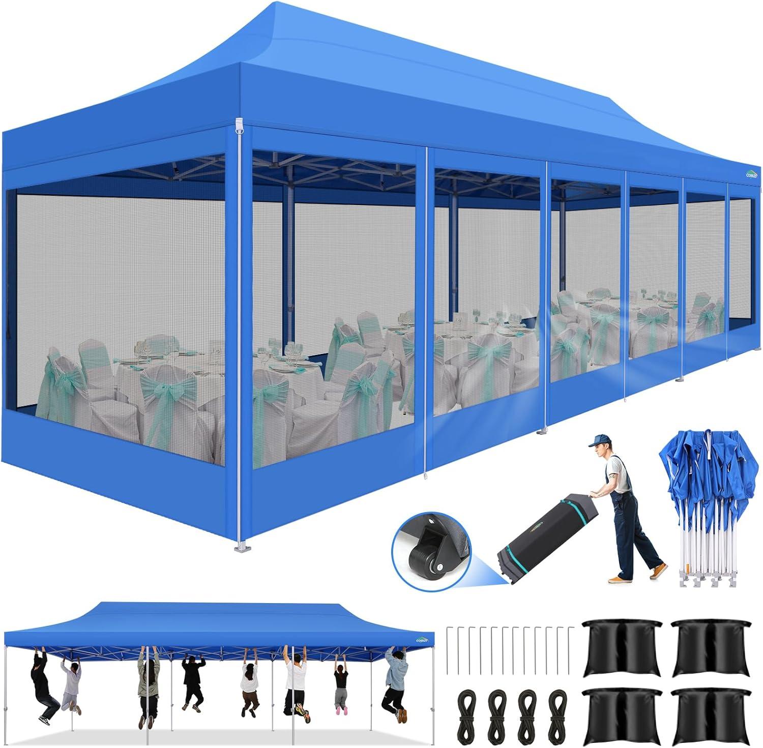 image:imageCOBIZI 10x30 Pop Up Canopy Tent with Sidewalls Heavy Duty 10x30 Party Tent Easy up Canopy UPF 50 Waterproof Commercial Outdoor Backyard Vendors Tents Gazebo with Roller Bag 10 x 30 ftBlue