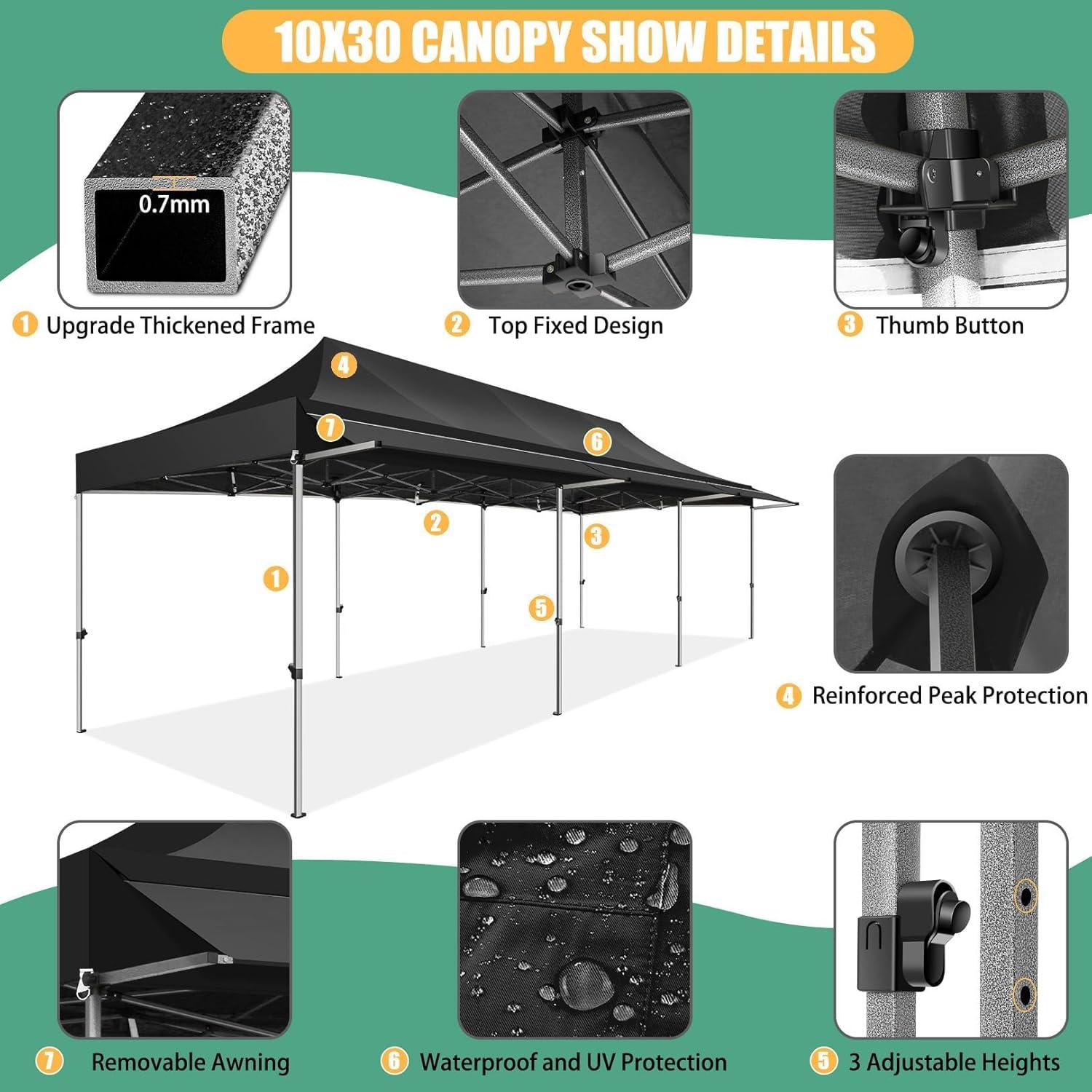 image:imageCOBIZI 10x30 Pop Up Canopy Tent with Sidewalls Heavy Duty 10x30 Party Tent Easy up Canopy UPF 50 Waterproof Commercial Outdoor Backyard Vendors Tents Gazebo with Roller Bag 10 x 30 ftBlack