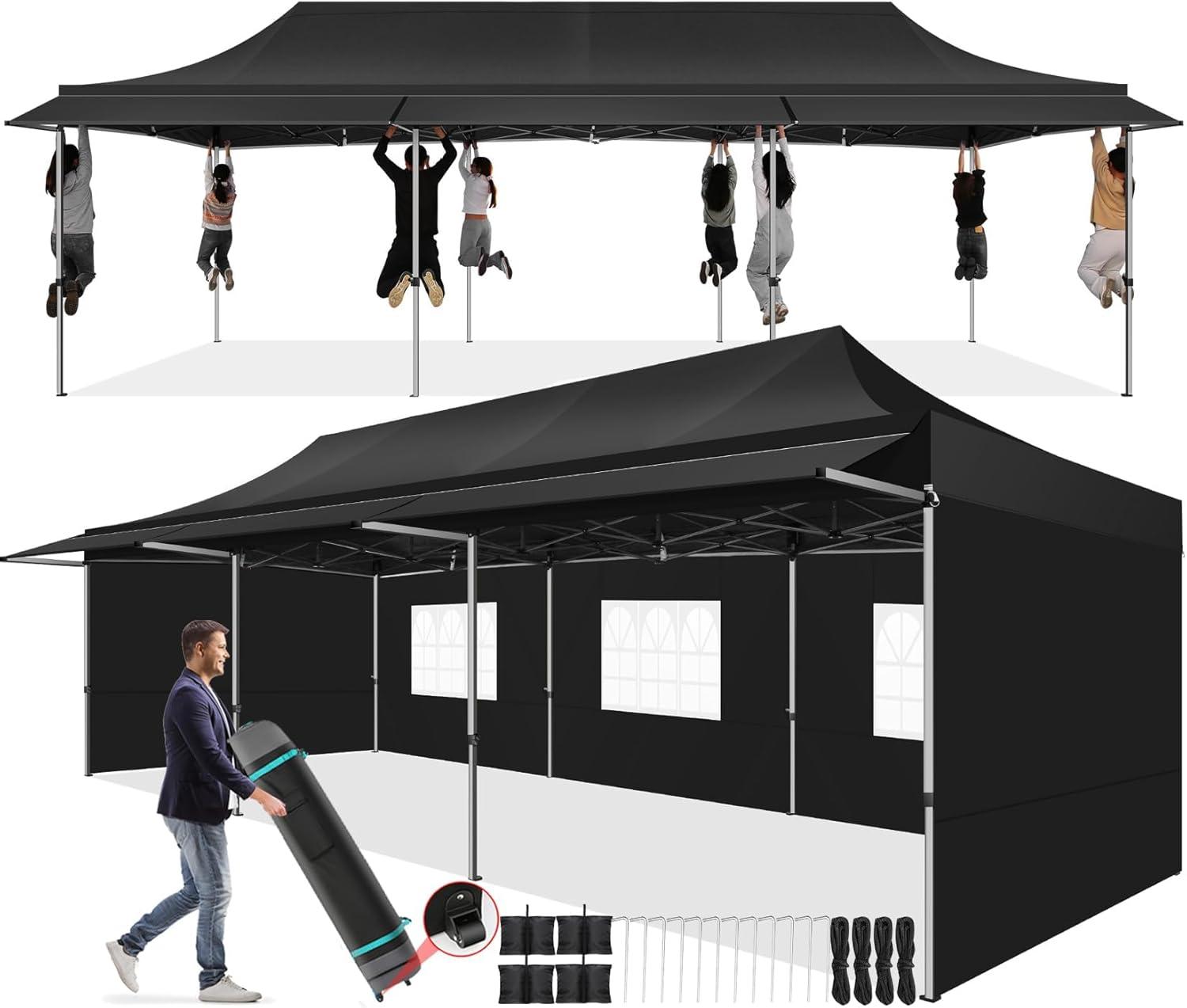 image:imageCOBIZI 10x30 Pop Up Canopy Tent with Sidewalls Heavy Duty 10x30 Party Tent Easy up Canopy UPF 50 Waterproof Commercial Outdoor Backyard Vendors Tents Gazebo with Roller Bag 10 x 30 ftBlack