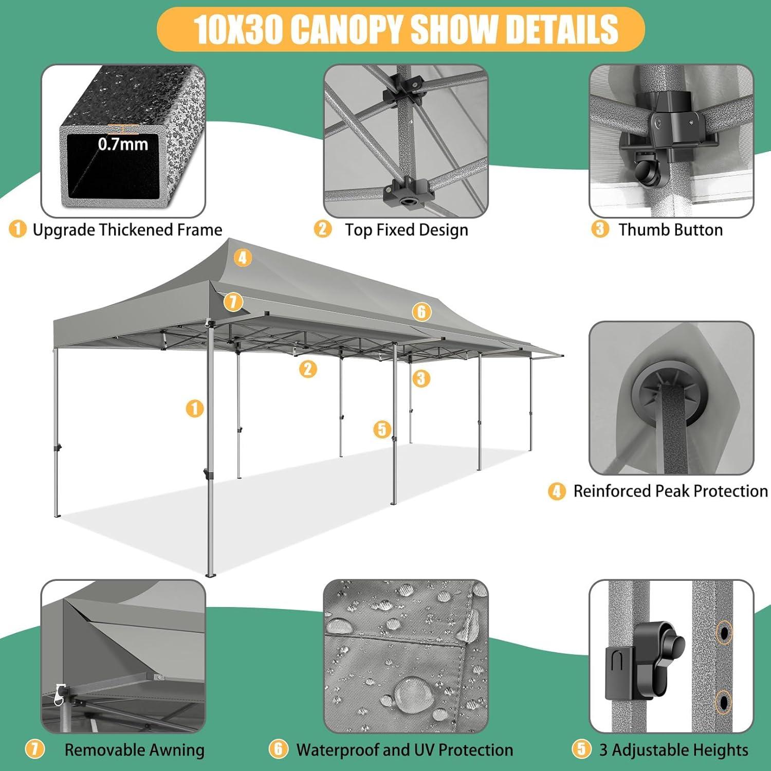 image:imageCOBIZI 10x30 Pop Up Canopy Tent with Sidewalls Heavy Duty 10x30 Party Tent Easy up Canopy UPF 50 Waterproof Commercial Outdoor Backyard Vendors Tents Gazebo with Roller Bag 10 x 30 ftGray