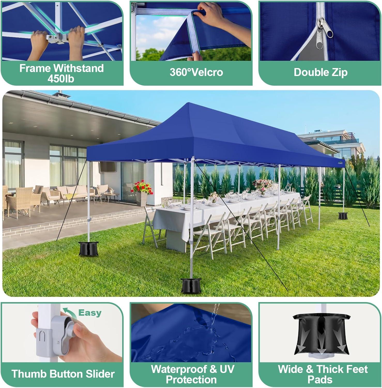 image:imageCOBIZI 10x30 Pop Up Canopy Tent with Sidewalls Heavy Duty 10x30 Party Tent Easy up Canopy UPF 50 Waterproof Commercial Outdoor Backyard Vendors Tents Gazebo with Roller Bag 10 x 30 ftDark Blue