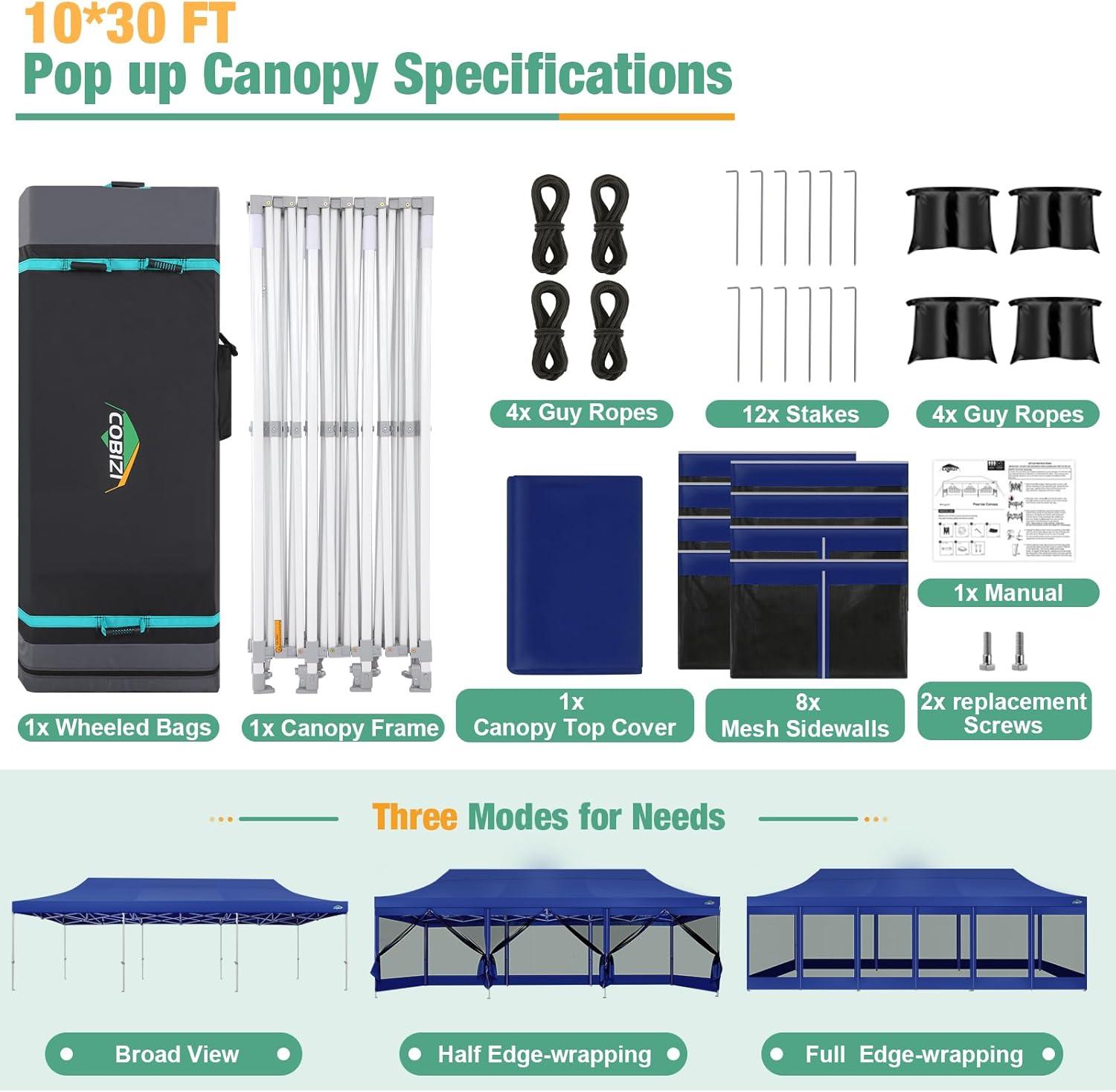image:imageCOBIZI 10x30 Pop Up Canopy Tent with Sidewalls Heavy Duty 10x30 Party Tent Easy up Canopy UPF 50 Waterproof Commercial Outdoor Backyard Vendors Tents Gazebo with Roller Bag 10 x 30 ftDark Blue