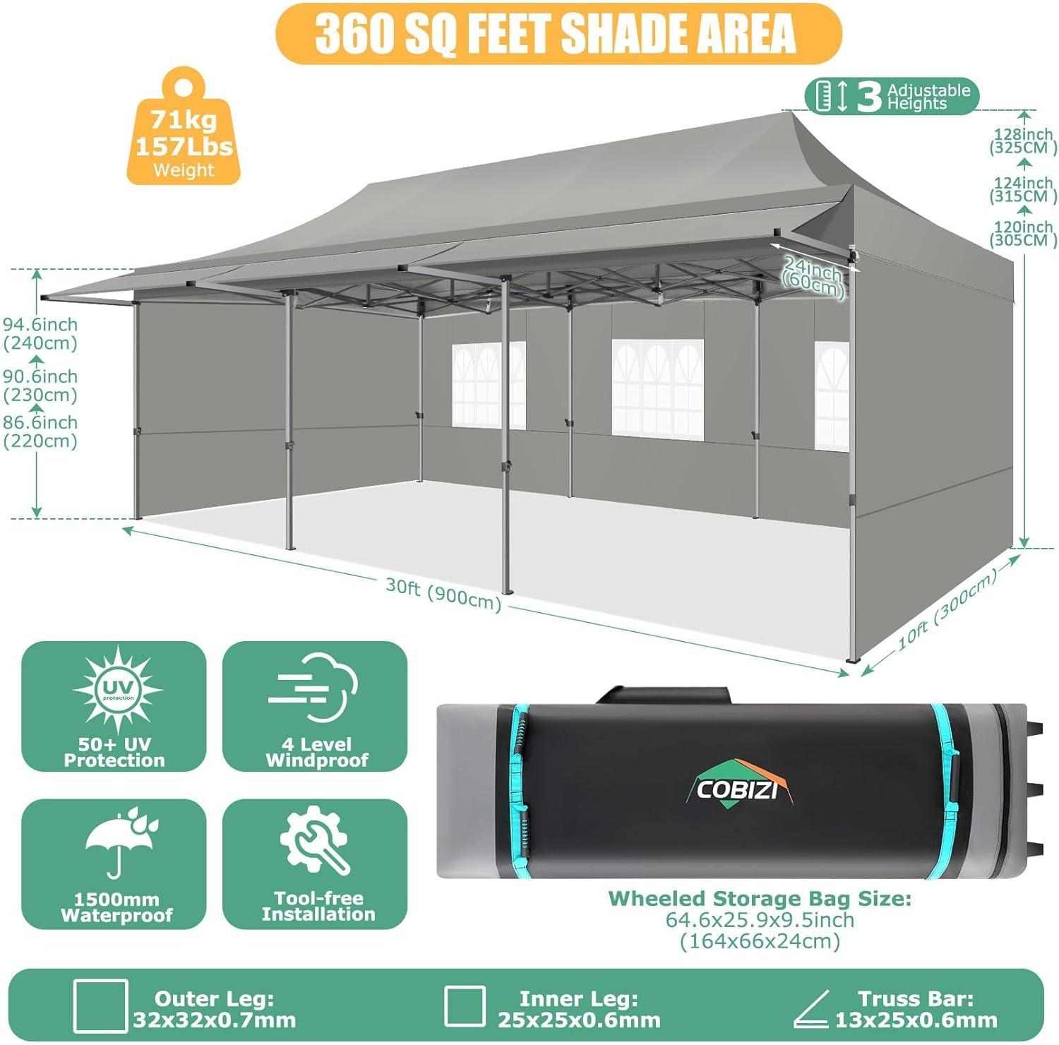 image:imageCOBIZI 10x30 Pop Up Canopy Tent with Sidewalls Heavy Duty 10x30 Party Tent Easy up Canopy UPF 50 Waterproof Commercial Outdoor Backyard Vendors Tents Gazebo with Roller Bag 10 x 30 ftGray
