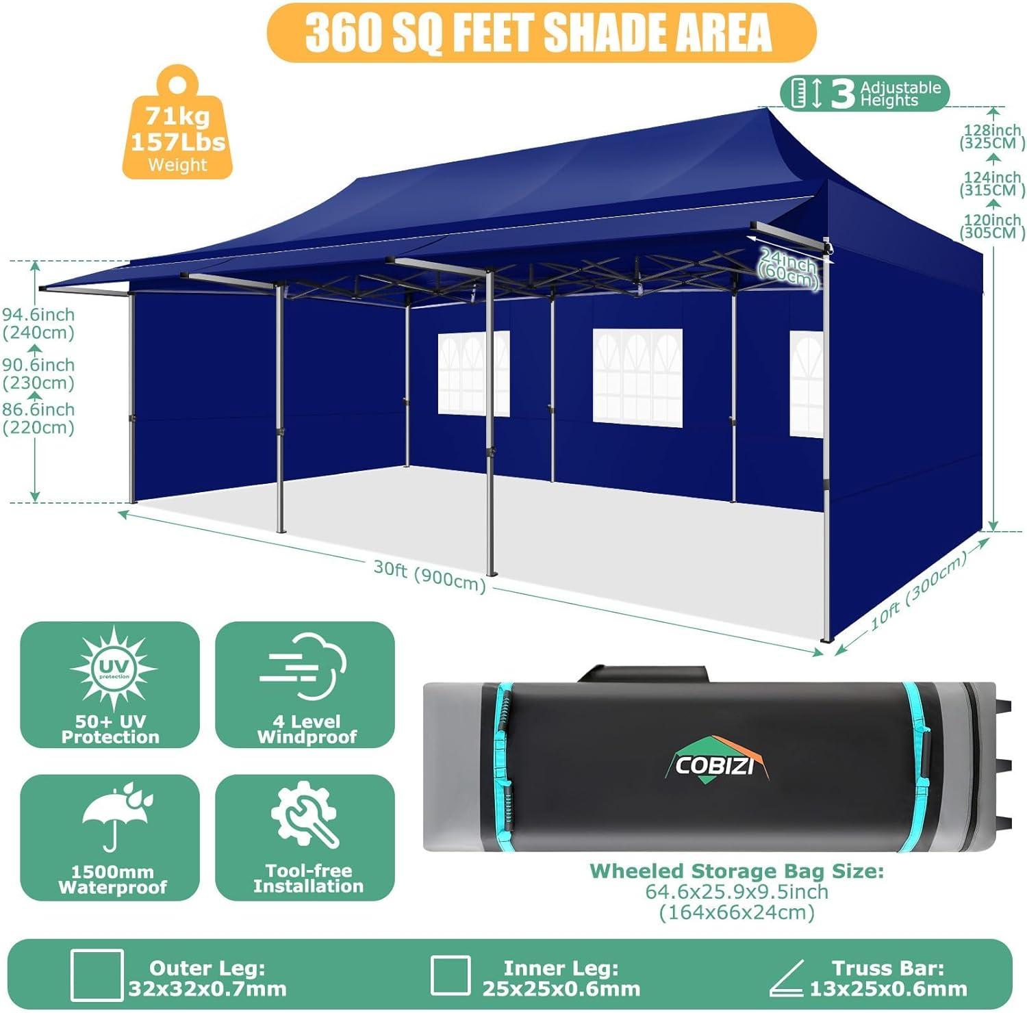 image:imageCOBIZI 10x30 Pop Up Canopy Tent with Sidewalls Heavy Duty 10x30 Party Tent Easy up Canopy UPF 50 Waterproof Commercial Outdoor Backyard Vendors Tents Gazebo with Roller Bag 10 x 30 ftDark Blue