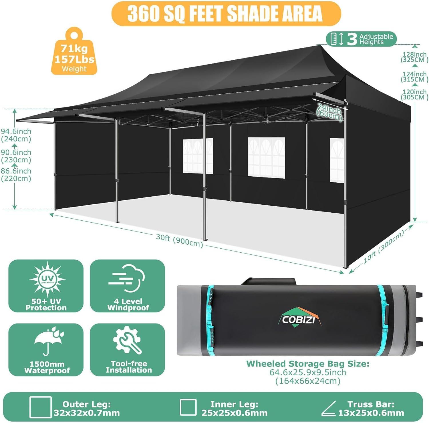 image:imageCOBIZI 10x30 Pop Up Canopy Tent with Sidewalls Heavy Duty 10x30 Party Tent Easy up Canopy UPF 50 Waterproof Commercial Outdoor Backyard Vendors Tents Gazebo with Roller Bag 10 x 30 ftBlack