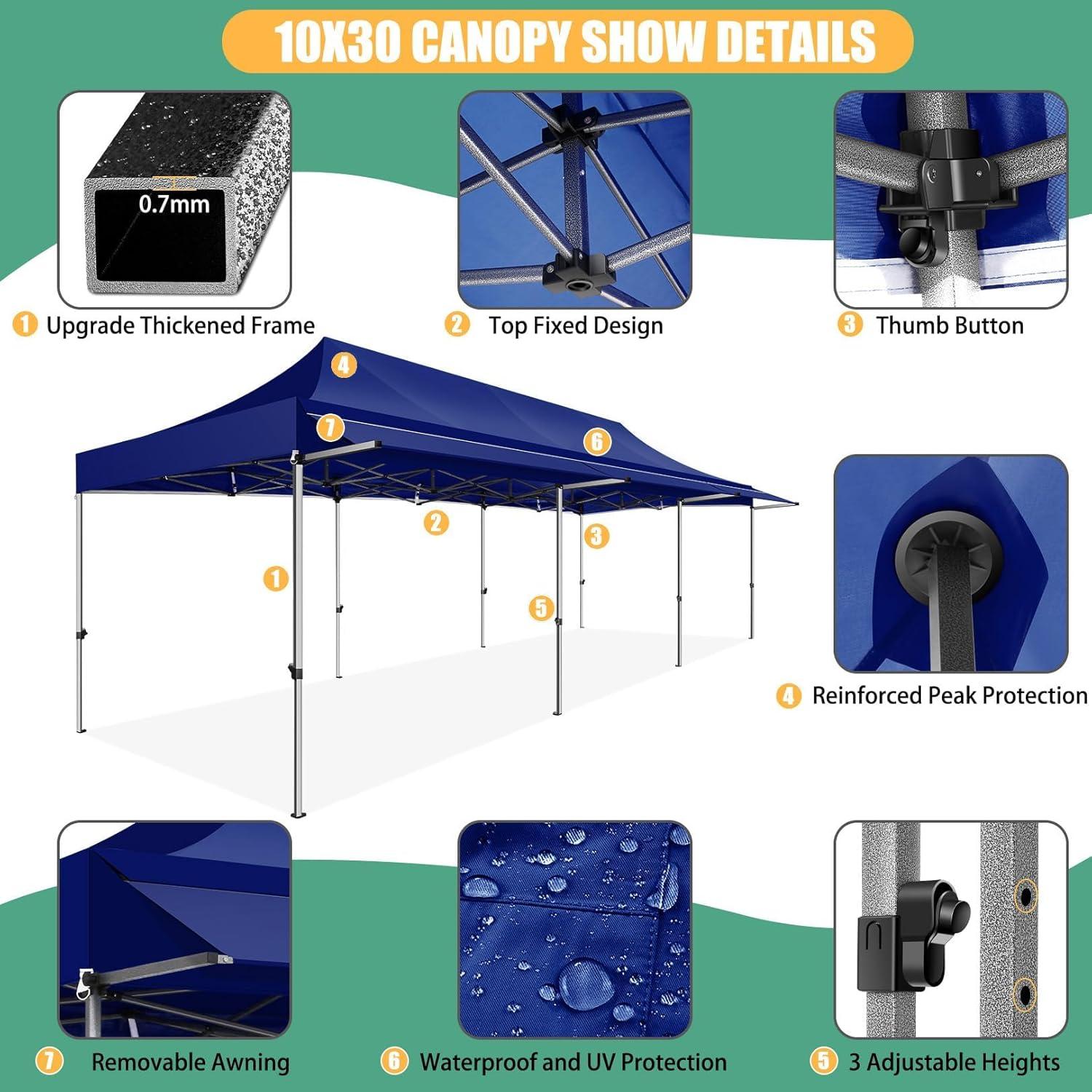 image:imageCOBIZI 10x30 Pop Up Canopy Tent with Sidewalls Heavy Duty 10x30 Party Tent Easy up Canopy UPF 50 Waterproof Commercial Outdoor Backyard Vendors Tents Gazebo with Roller Bag 10 x 30 ftDark Blue