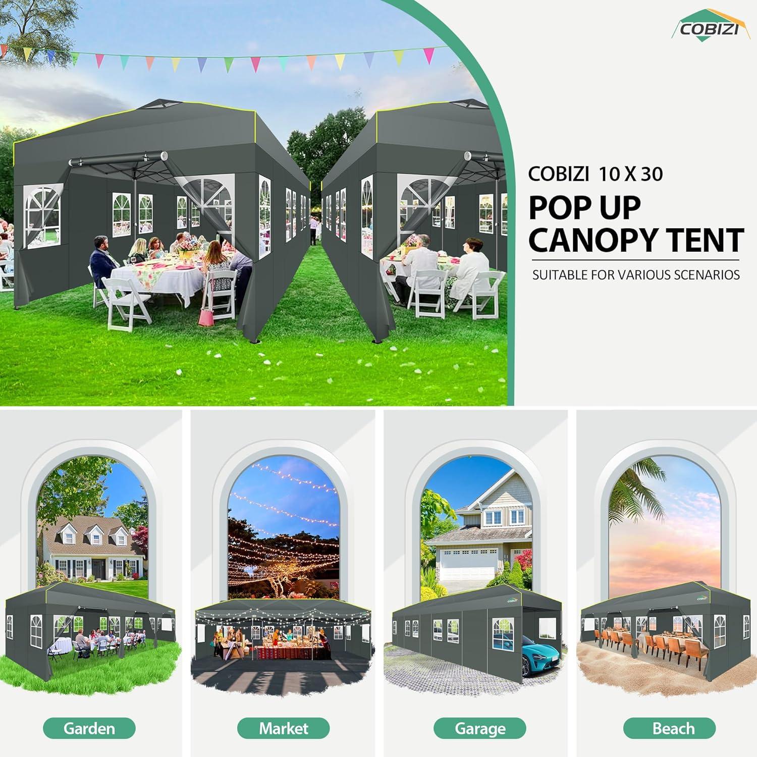 image:imageCOBIZI 10x30 Pop Up Canopy with Sidewalls 10x30 Party Tent Outdoor Wedding Event Tent for Parties UPF 50 Windproof Waterproof Gazebo with Air Vent Wheeled Bag Sandbag Stake RopeGrayGrey1year warranty
