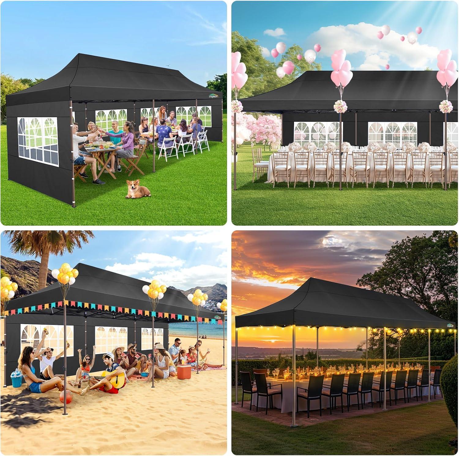 image:imageCOBIZI 10x30 Pop Up Heavy Duty Canopy with 8 Sidewalls and Hexagonal Legs Easy up Tent for Party Wedding and Commercial Outdoor Canopy with Roller Bag Sand Bags Waterproof amp UPF50 GrayBlack