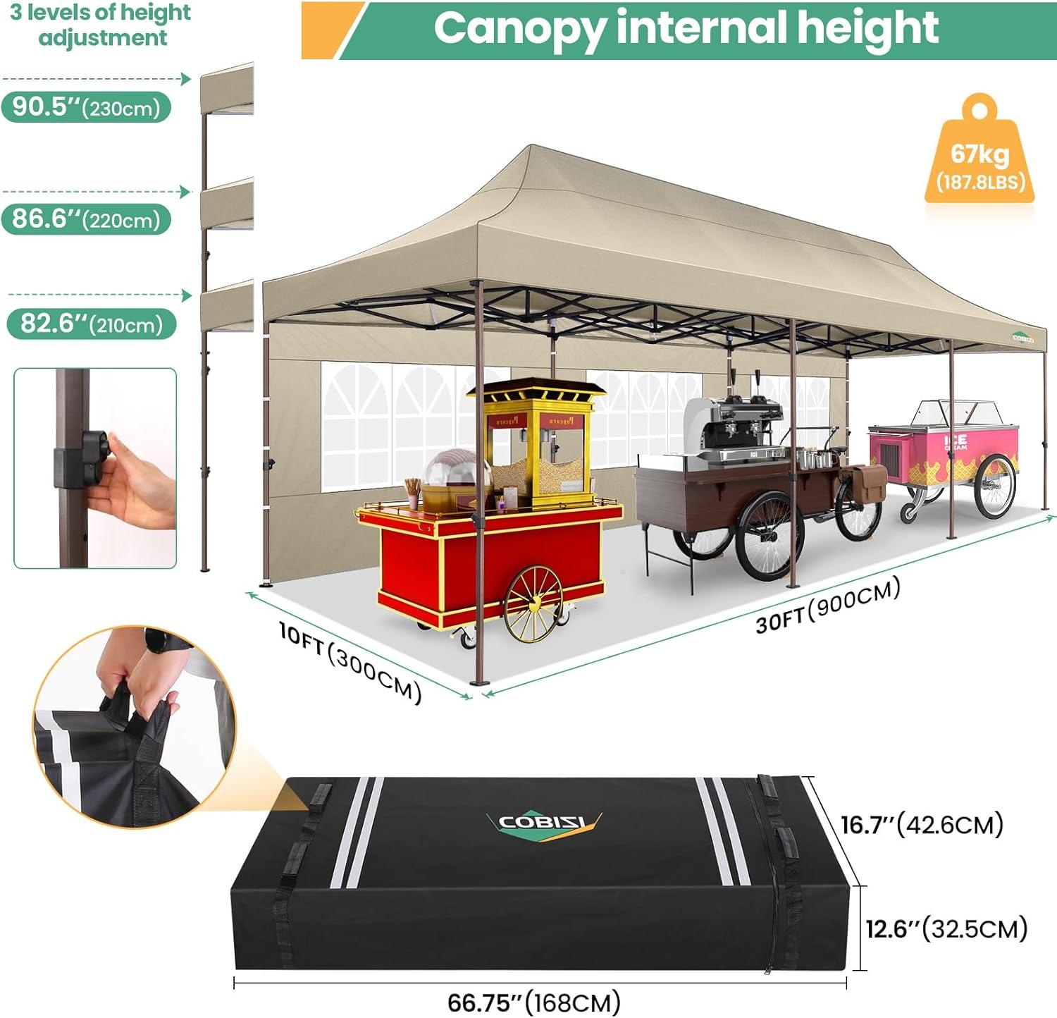 image:imageCOBIZI 10x30 Pop Up Heavy Duty Canopy with 8 Sidewalls and Hexagonal Legs Easy up Tent for Party Wedding and Commercial Outdoor Canopy with Roller Bag Sand Bags Waterproof amp UPF50 GrayKhaki