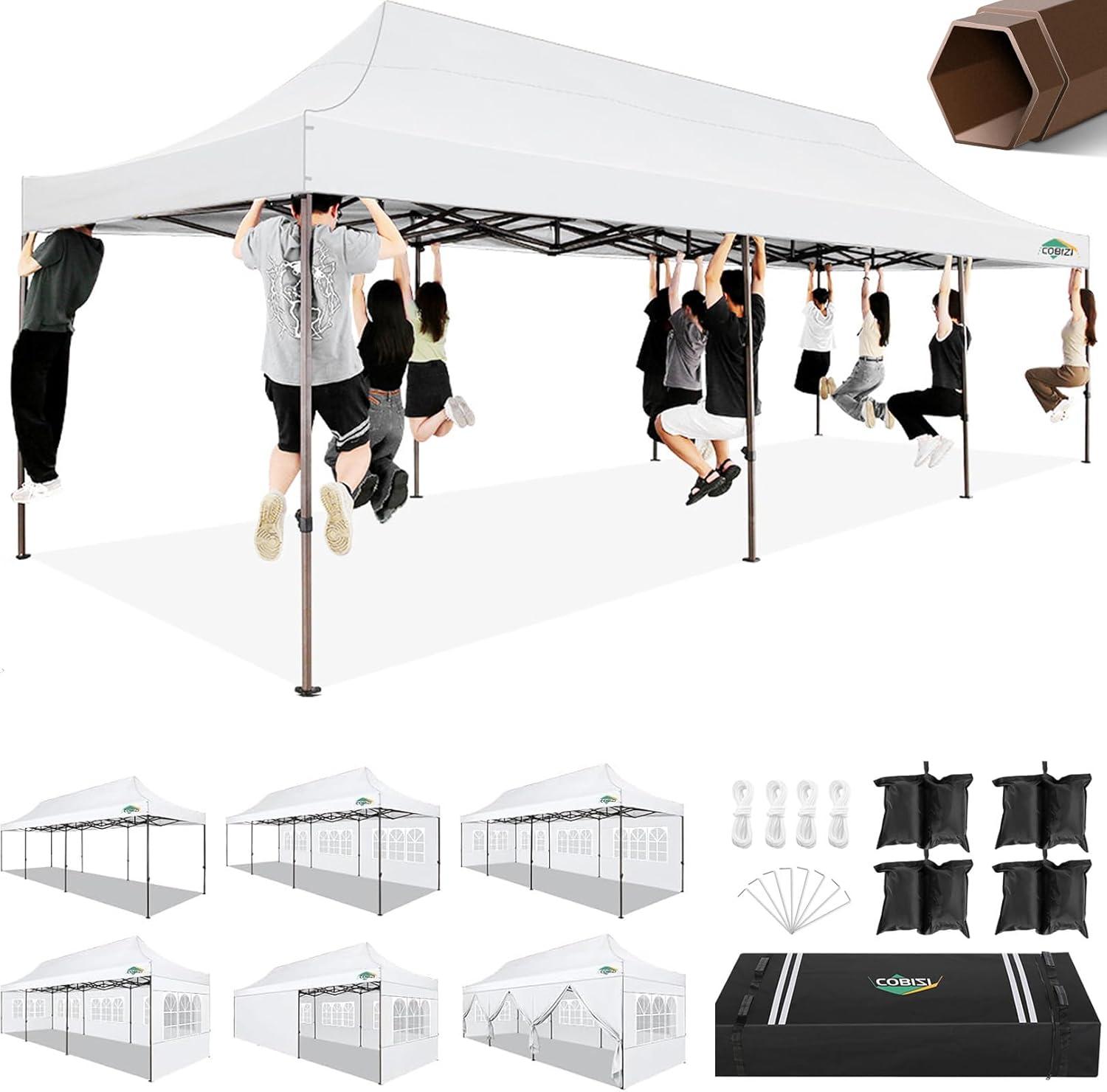 image:imageCOBIZI 10x30 Pop Up Heavy Duty Canopy with 8 Sidewalls and Hexagonal Legs Easy up Tent for Party Wedding and Commercial Outdoor Canopy with Roller Bag Sand Bags Waterproof amp UPF50 GrayWhite