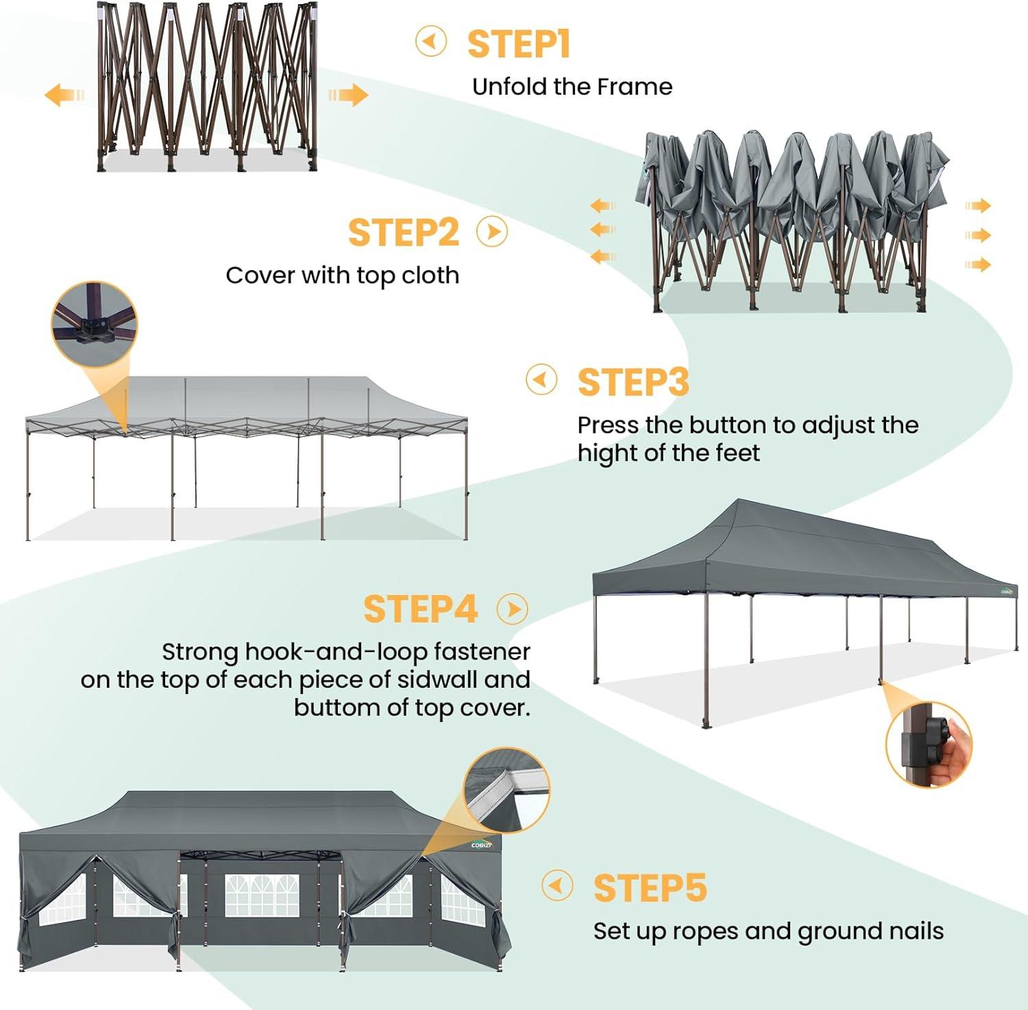 image:imageCOBIZI 10x30 Pop Up Heavy Duty Canopy with 8 Sidewalls and Hexagonal Legs Easy up Tent for Party Wedding and Commercial Outdoor Canopy with Roller Bag Sand Bags Waterproof amp UPF50 GrayGray