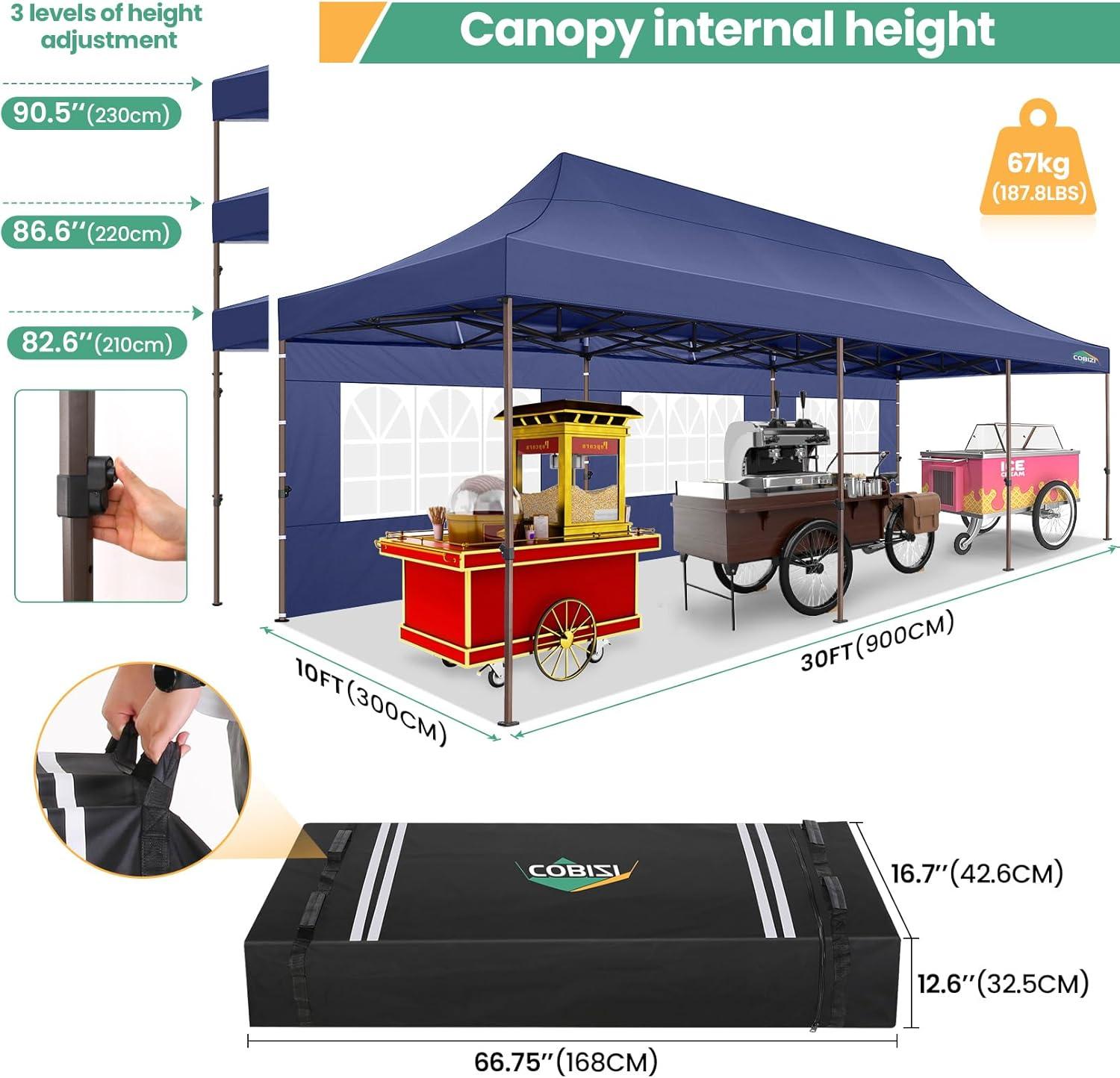 image:imageCOBIZI 10x30 Pop Up Heavy Duty Canopy with 8 Sidewalls and Hexagonal Legs Easy up Tent for Party Wedding and Commercial Outdoor Canopy with Roller Bag Sand Bags Waterproof amp UPF50 GrayDark Blue